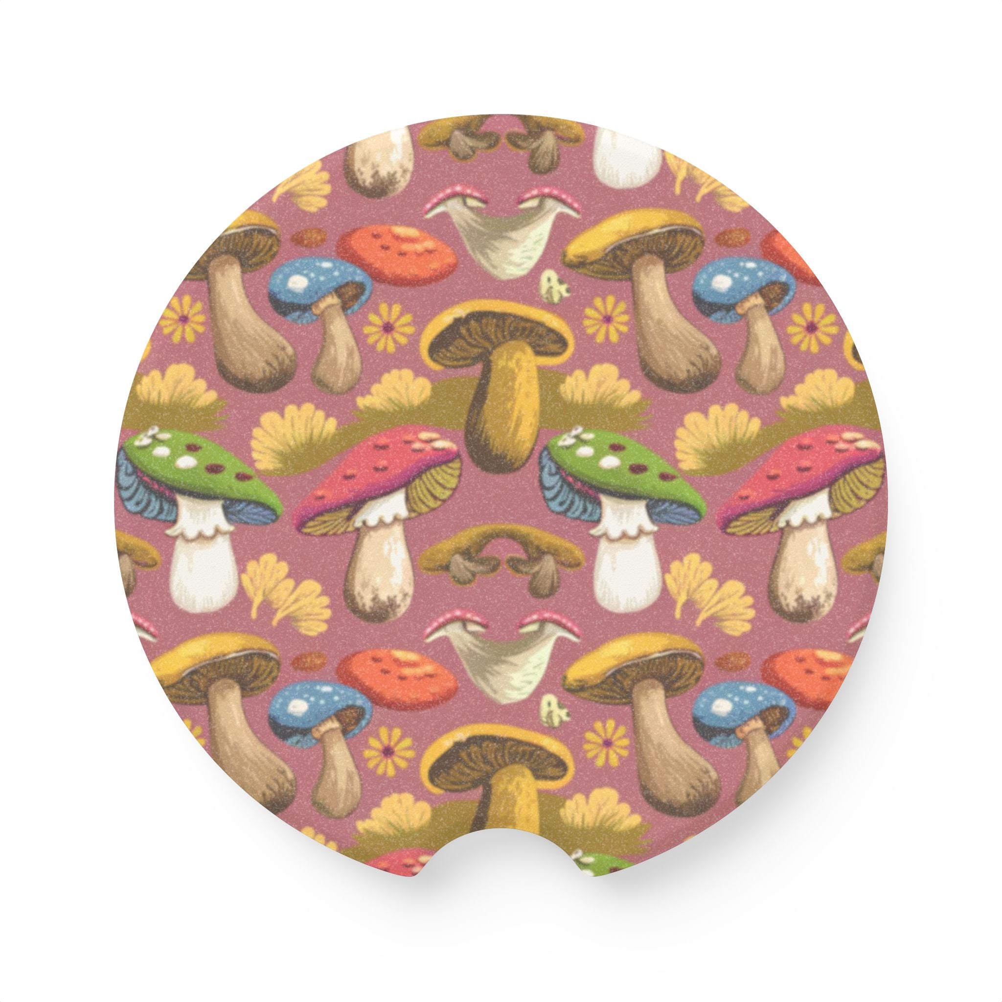 Mushroom Pattern Soapstone Car Coaster — Colorful Woodland Mushroom Cup Holder Insert