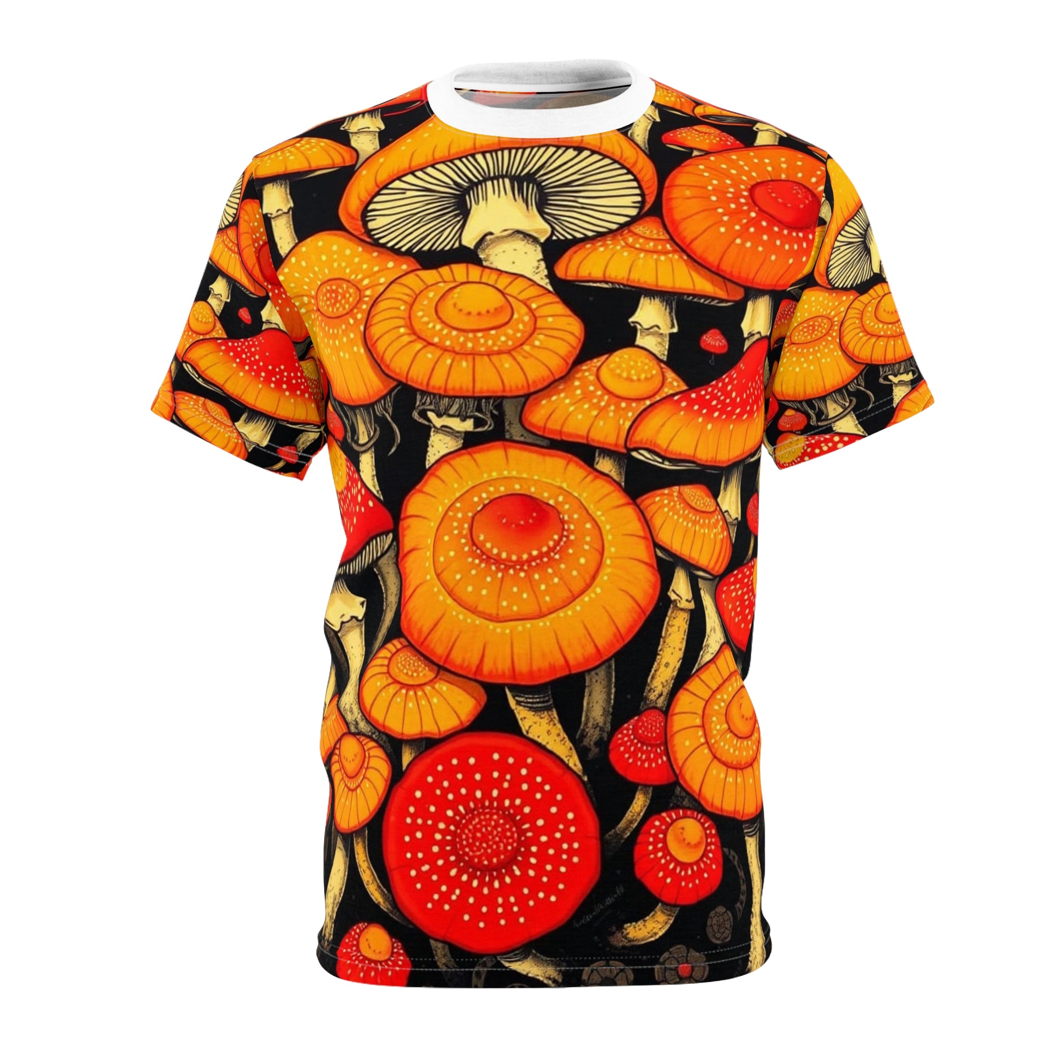Camiseta con estampado completo de hongos psicodélicos anaranjados