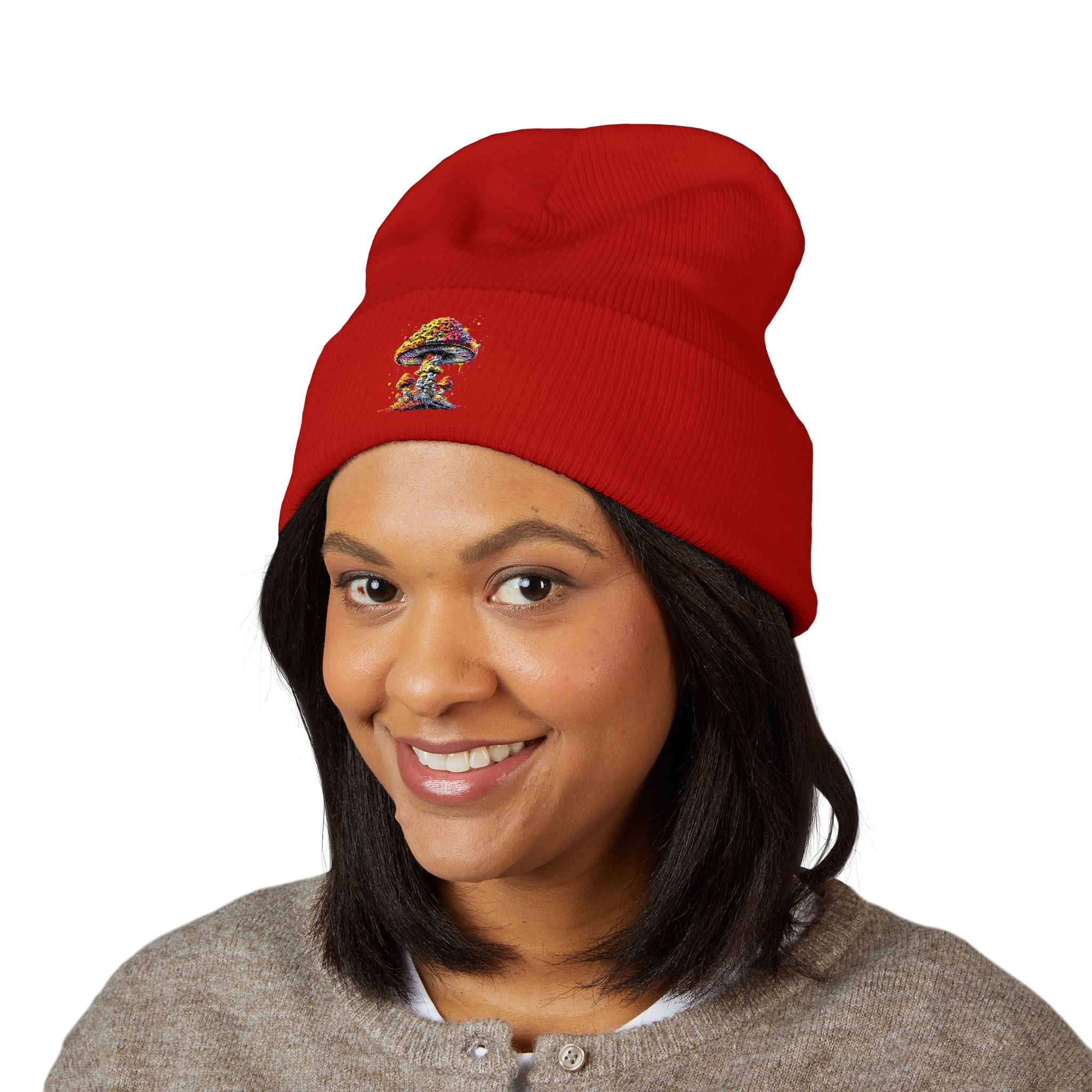 Beanie: Embroidered Colorful Mushroom Beanie — Cute Cuffed Knit Hat