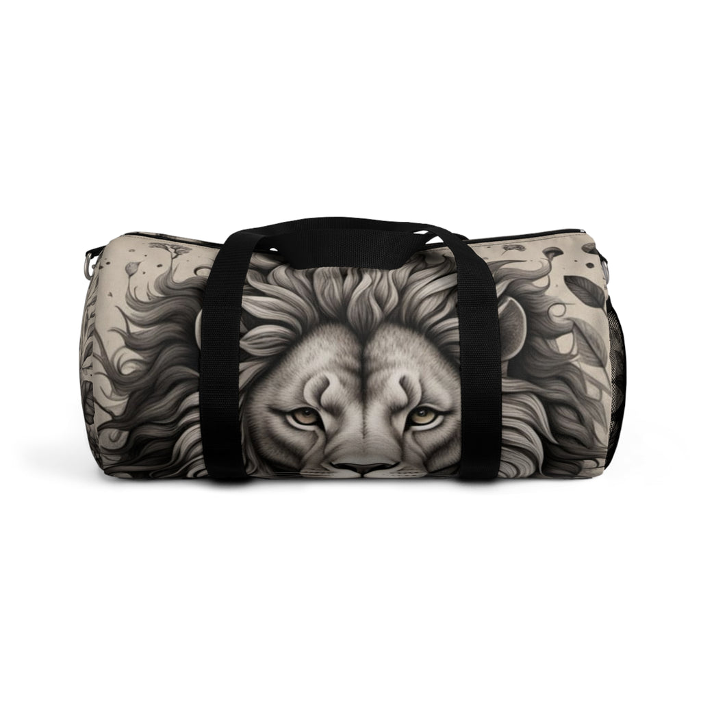 Carry Courage. Roam Wild Lion Heart Myco Duffel featuring a striking lion design, symbolizing strength and adventure.
