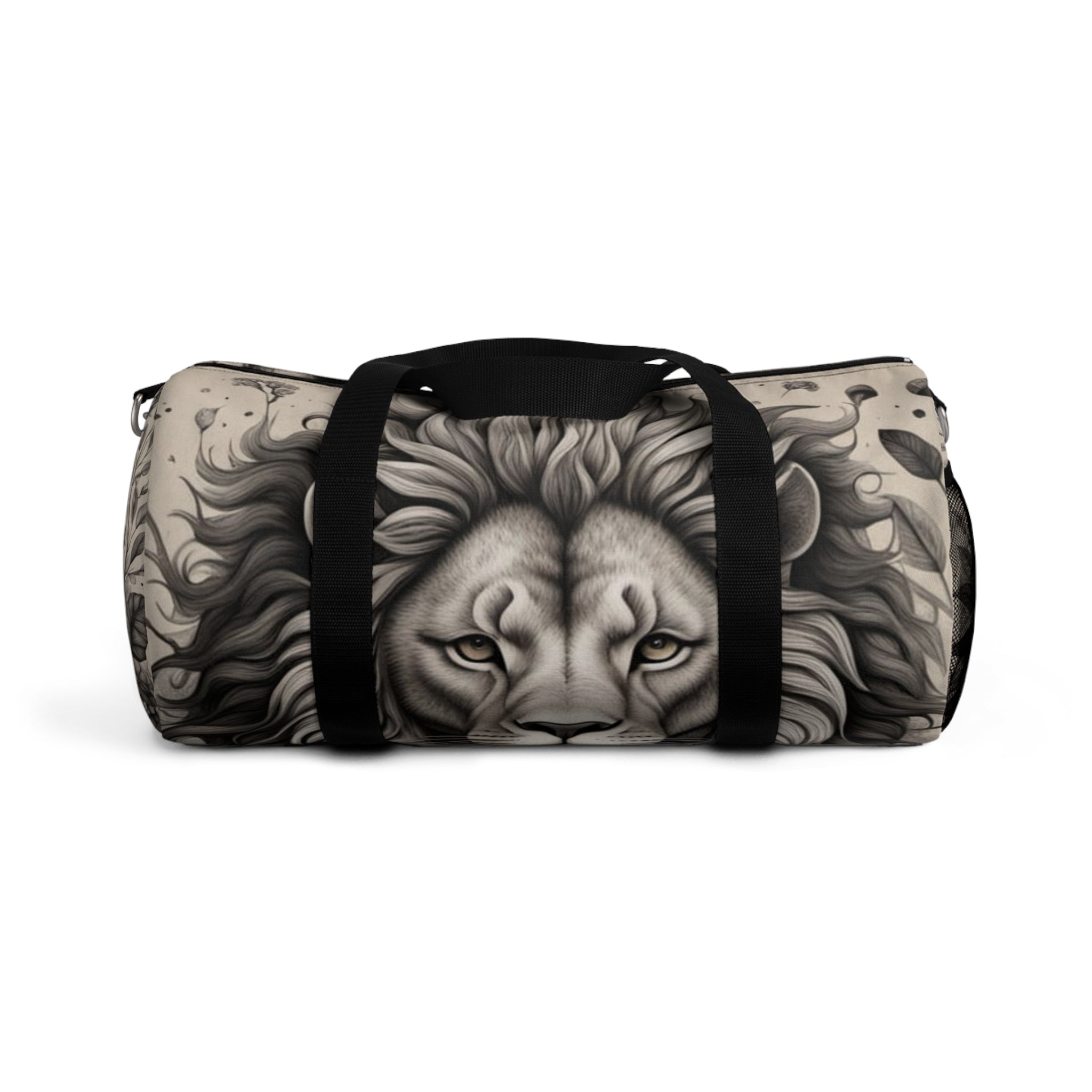 Carry Courage. Roam Wild Lion Heart Myco Duffel featuring a striking lion design, symbolizing strength and adventure.