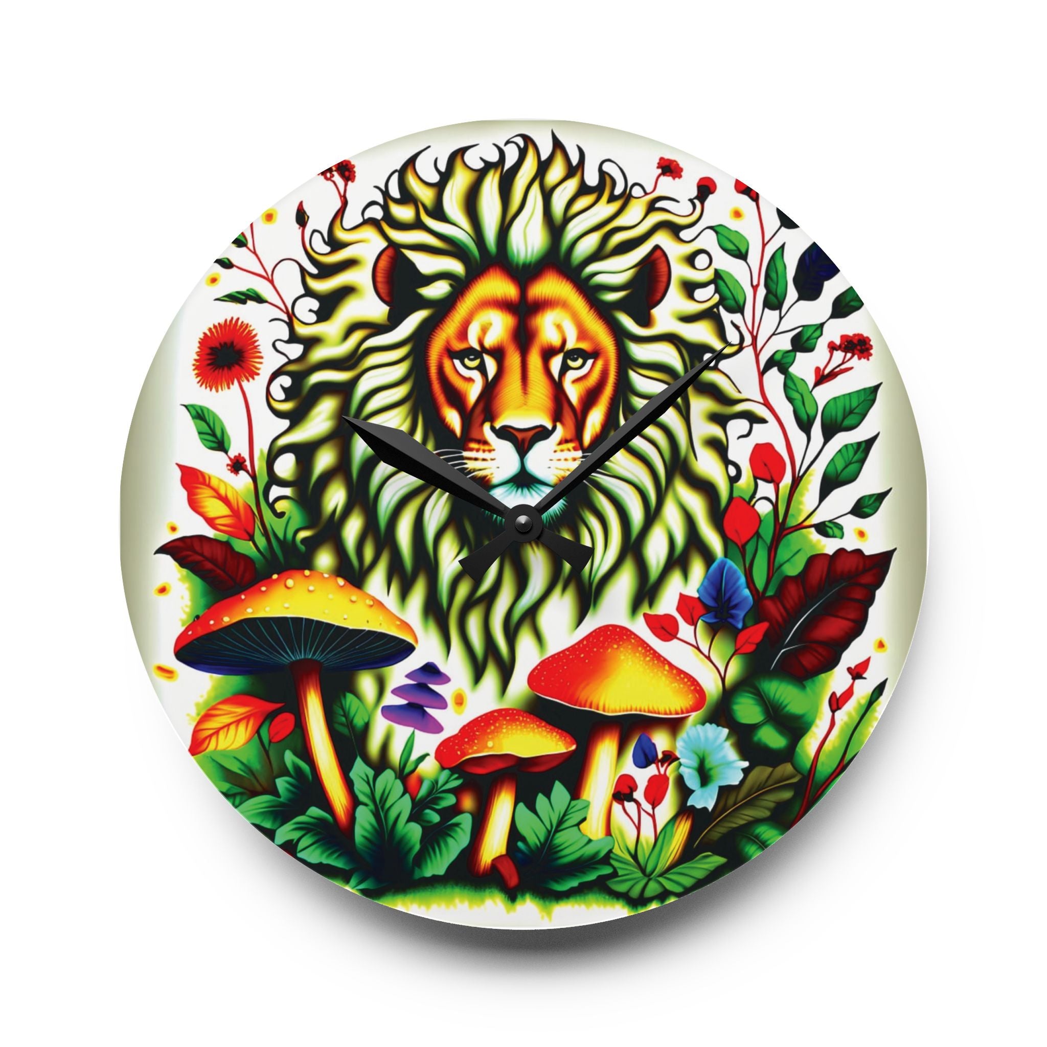 Lion & Mushrooms Acrylic Wall Clock — Colorful Botanical Animal Art