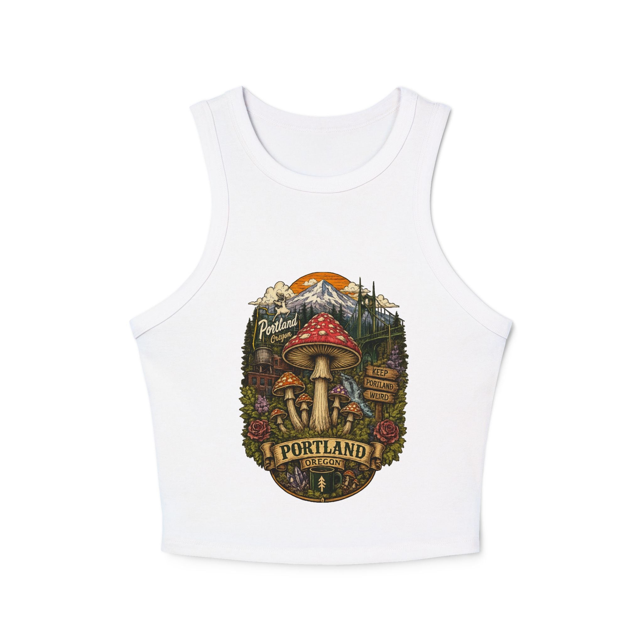 Portland Mushroom Graphic Tank — Women's Crop Racerback Tank Top