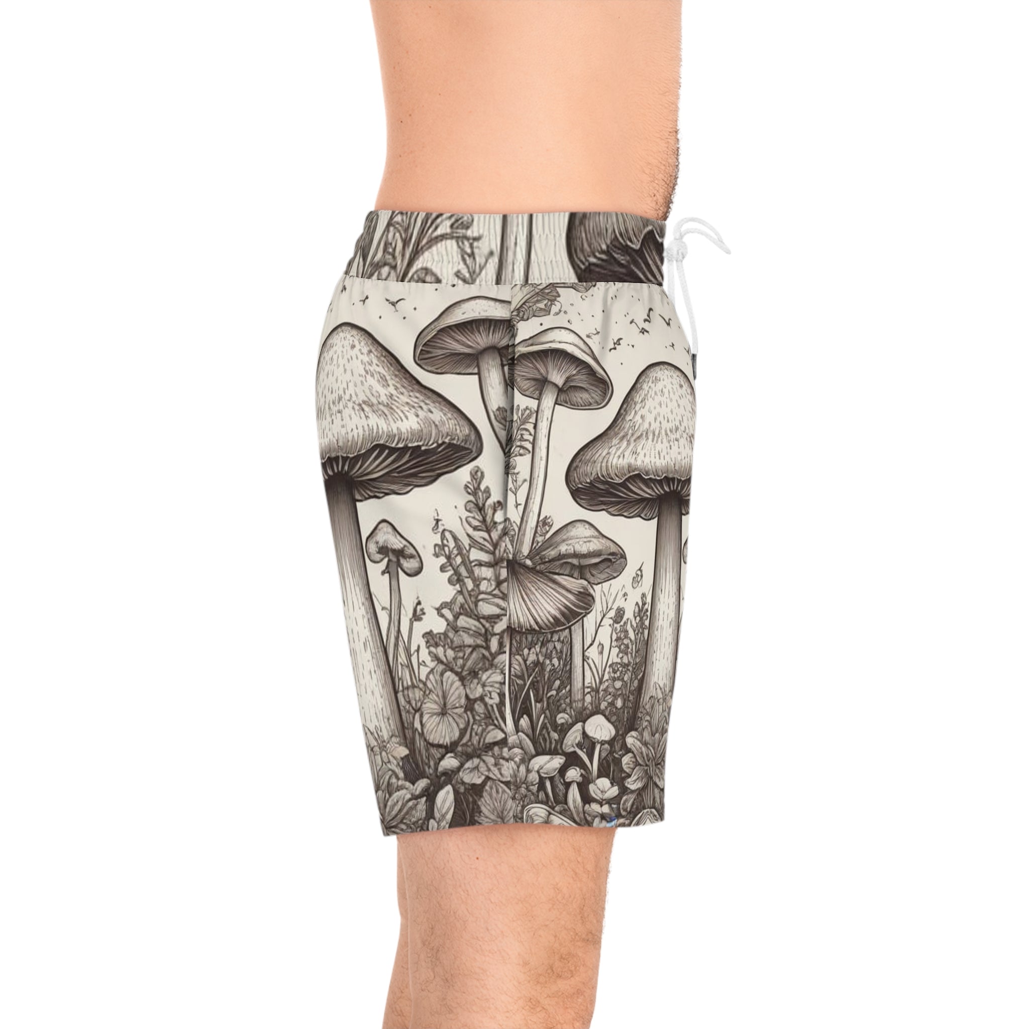 Mushroom Forest Swim Shorts — Vintage Botanical Mens Mid-Length Boardshorts