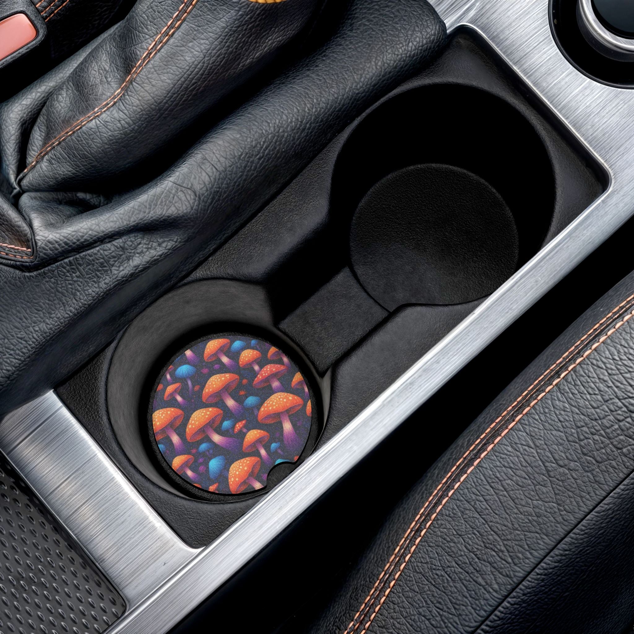 Mushroom Forest Soapstone Car Coaster — Colorful Psychedelic Fungi Drink Holder