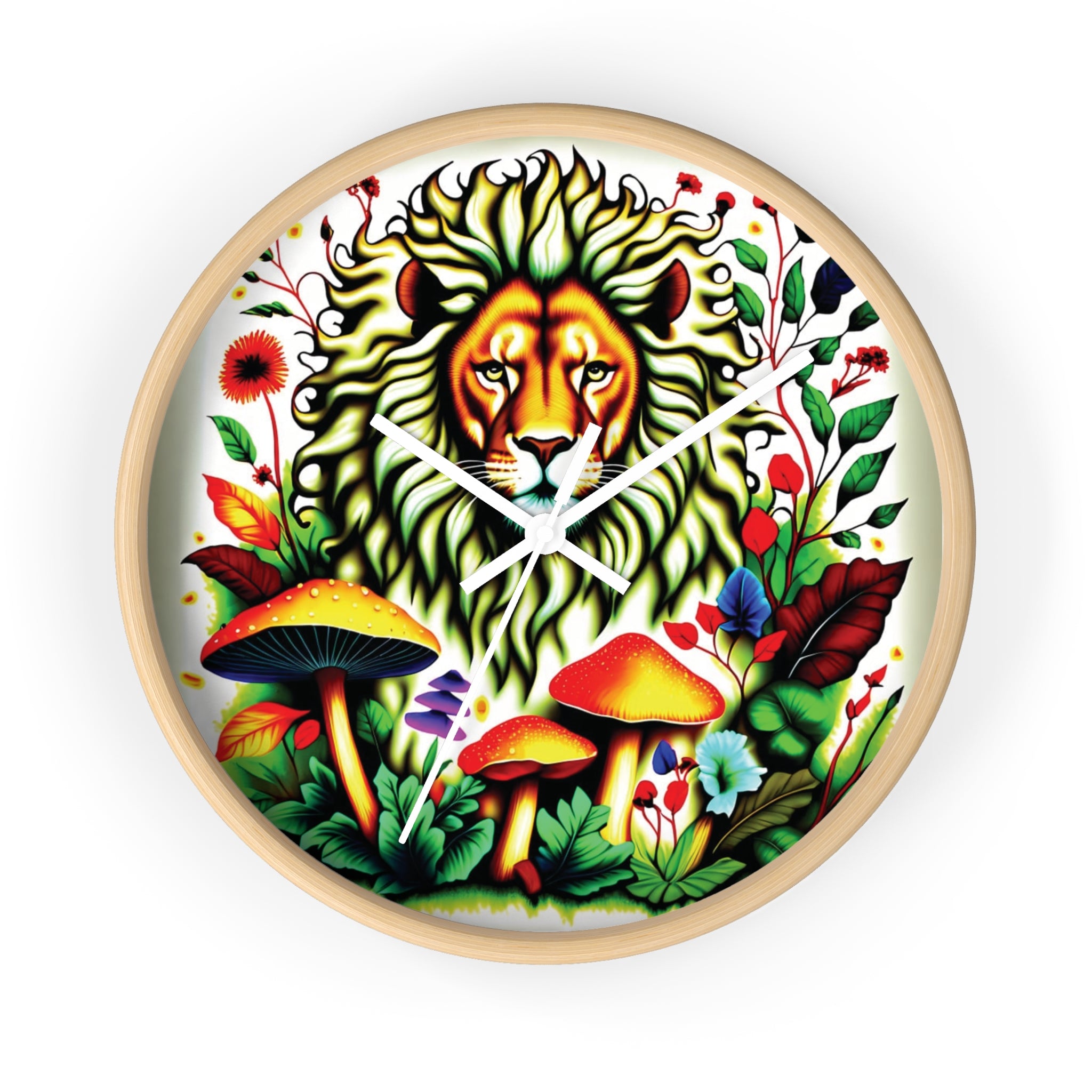 Lion & Mushrooms Wall Clock — Colorful Botanical Animal Art Timepiece