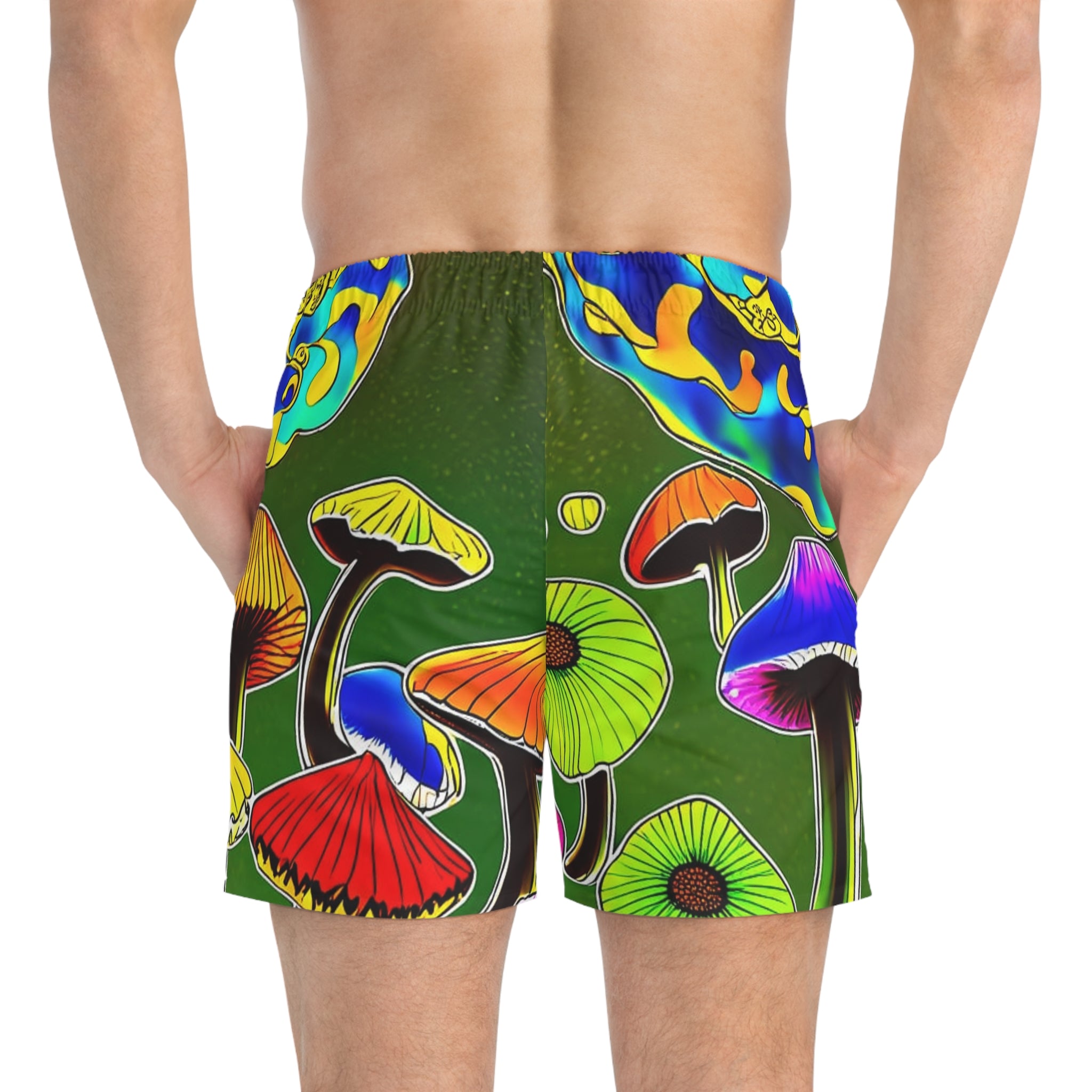 Psychedelic Mushroom Swim Trunks – Rainbow Fungi All-Over Print Beach Shorts
