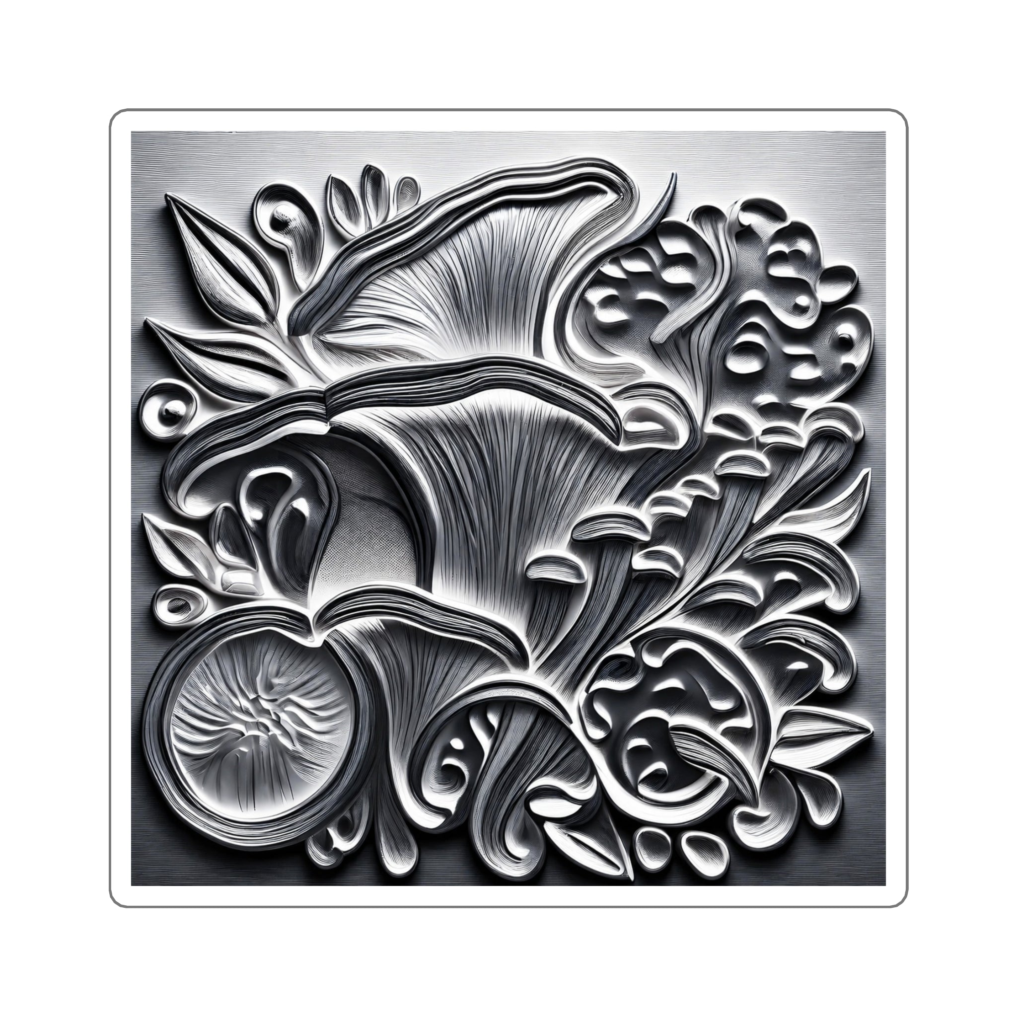 Metallic Botanical Square Sticker — Embossed Floral Mushroom Design