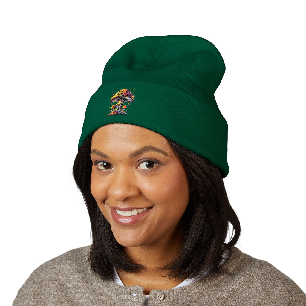 Beanie: Embroidered Colorful Mushroom Beanie — Cute Cuffed Knit Hat