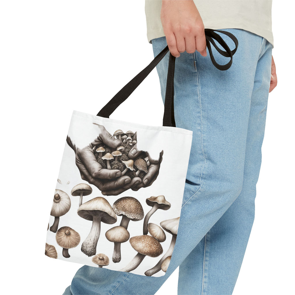 Mushroom Garden Tote Bag — Hand-Held Fungi Illustration All-Over Print