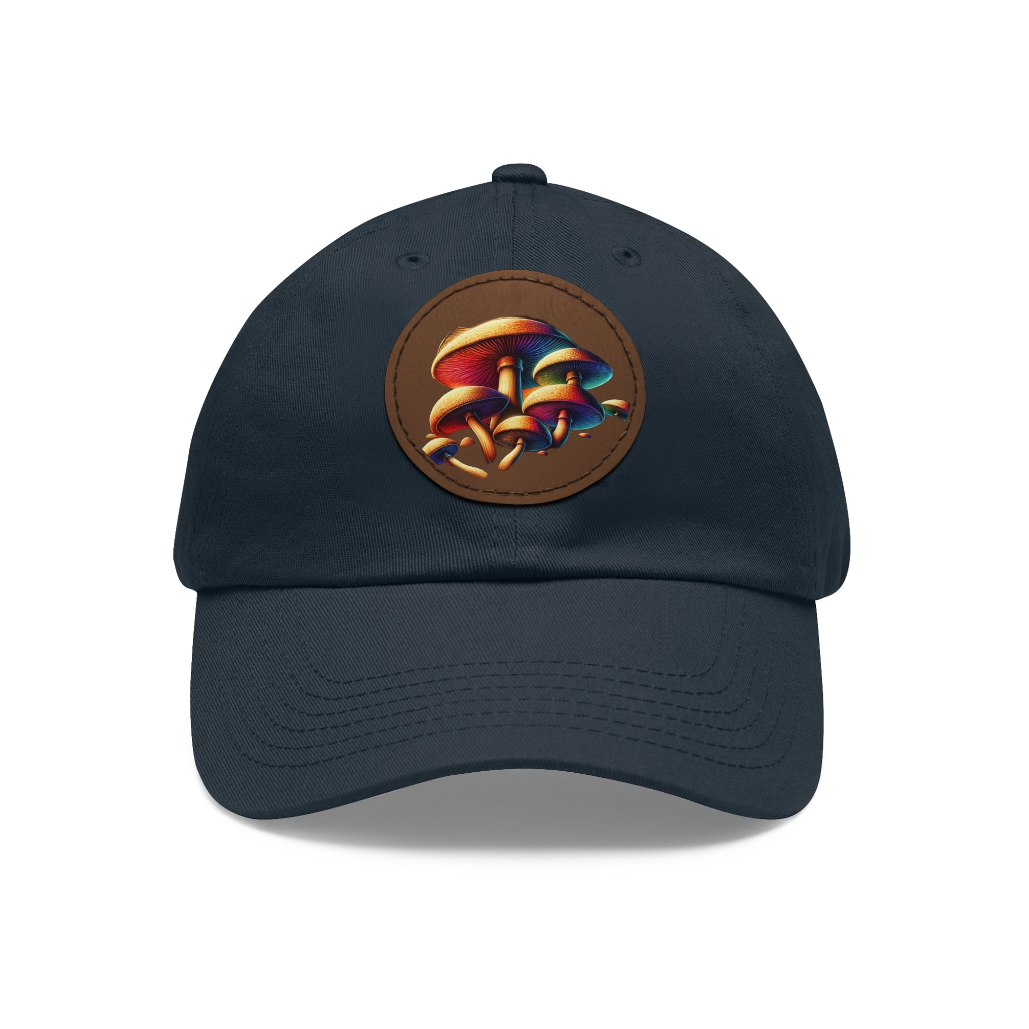 Mushroom Patch Dad Hat — Colorful Psychedelic Fungi Leather Patch Cap