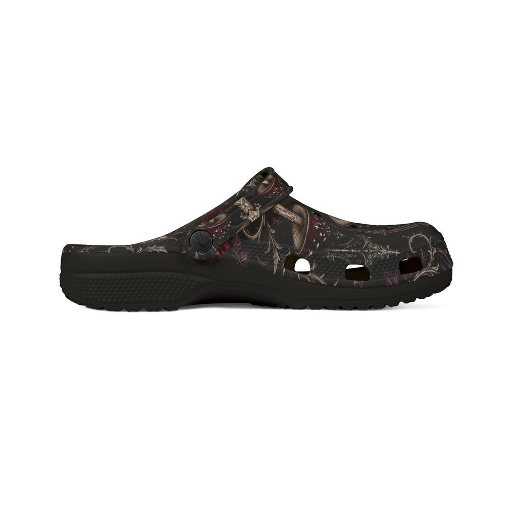 Clogs: Mushroom Garden EVA Foam Clogs — Lightweight Comfort Shoes with Dark Fungi Print