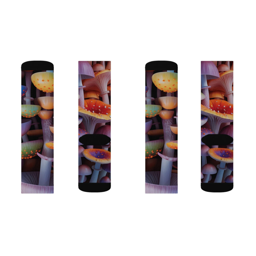 Socks: Mushroom Forest Sublimation Socks — Colorful Psychedelic Fungi Crew Socks