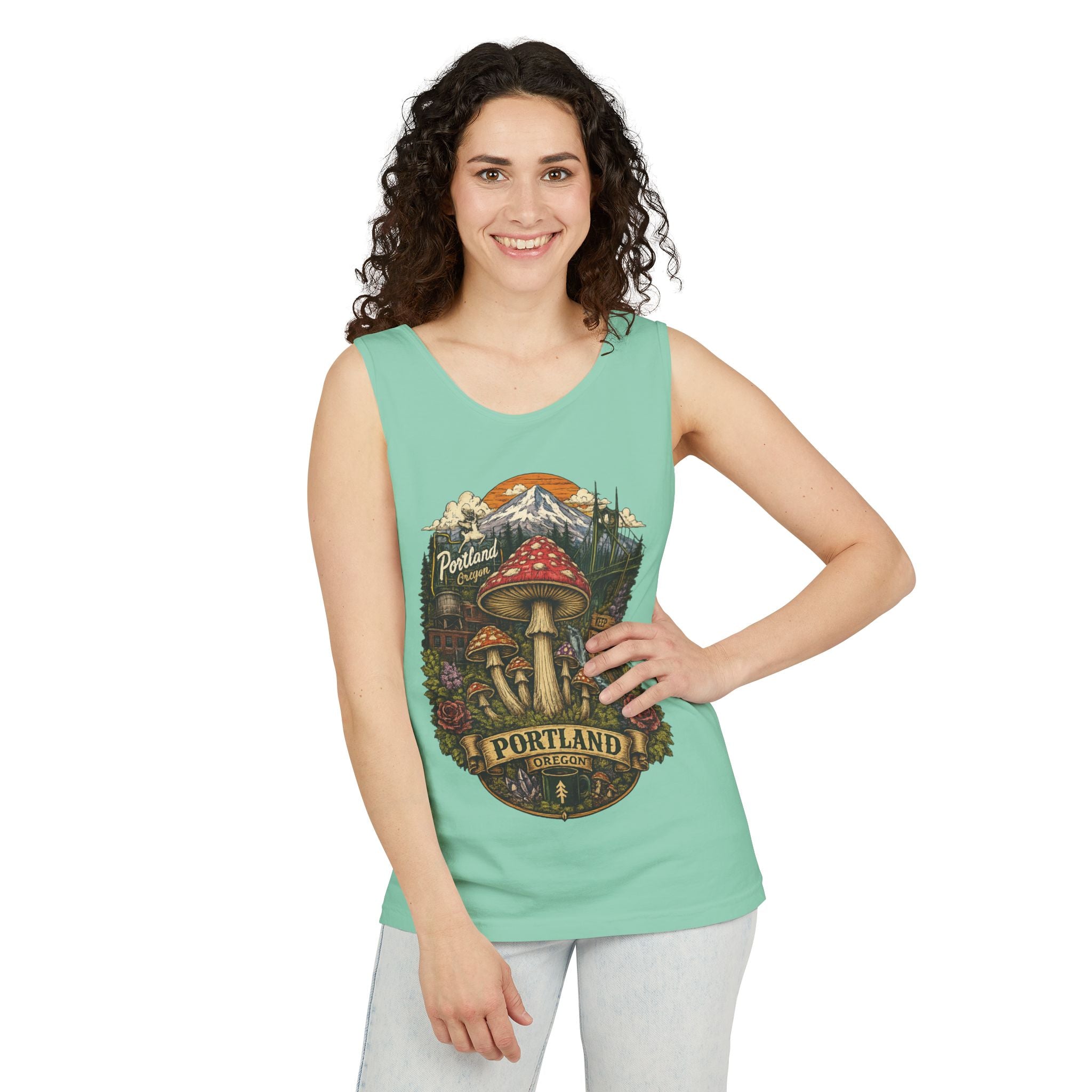 City: Portland Mushroom Tank Top — Vintage Forest Travel Graphic