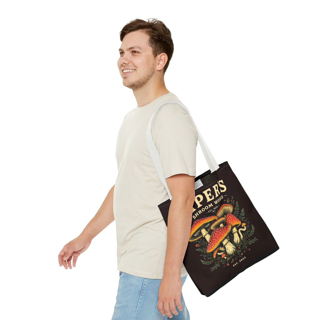 Mushroom Tote Bag — "Piper's Shroom Works" Vintage Fungi Market Shopper