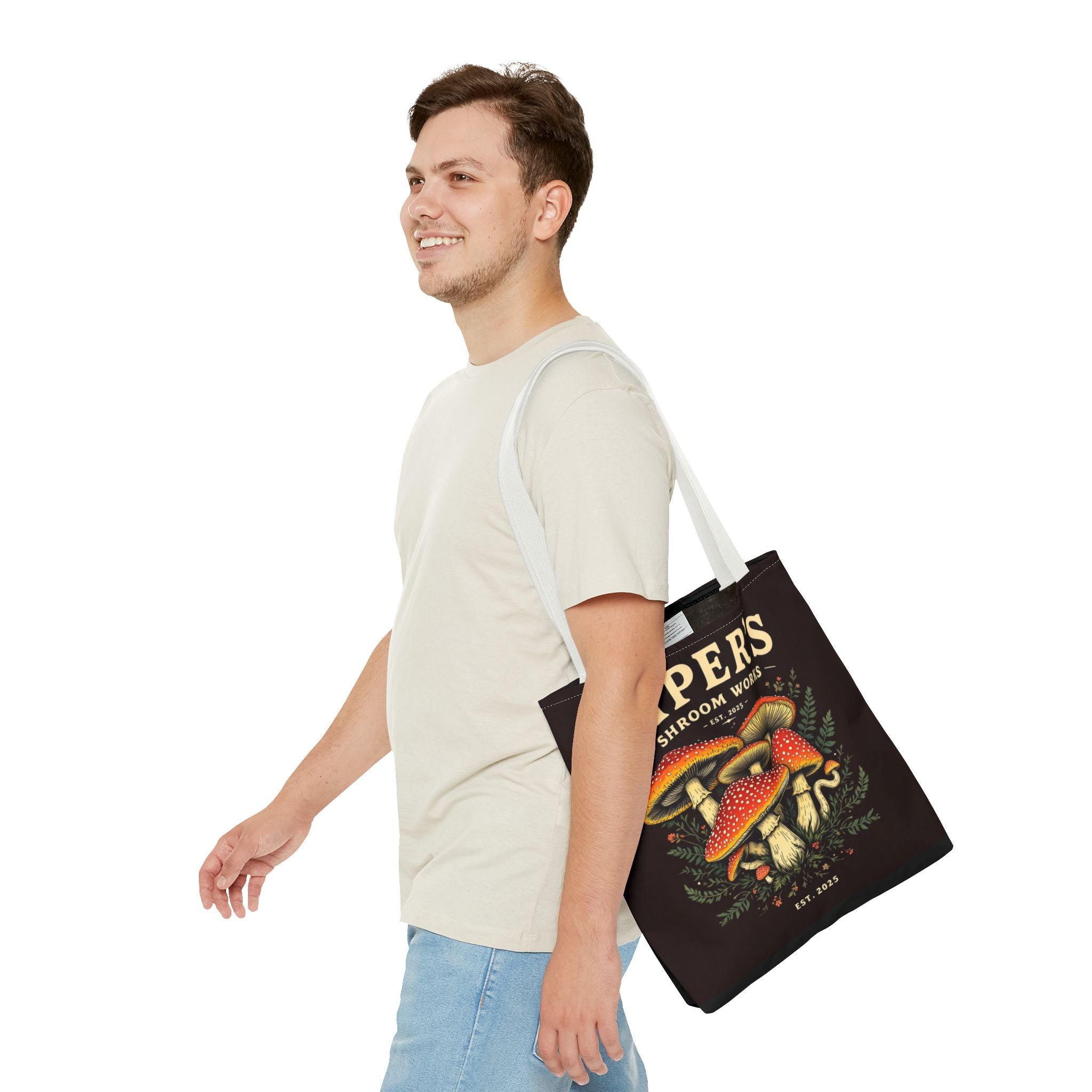 Mushroom Tote Bag — "Piper's Shroom Works" Vintage Fungi Market Shopper