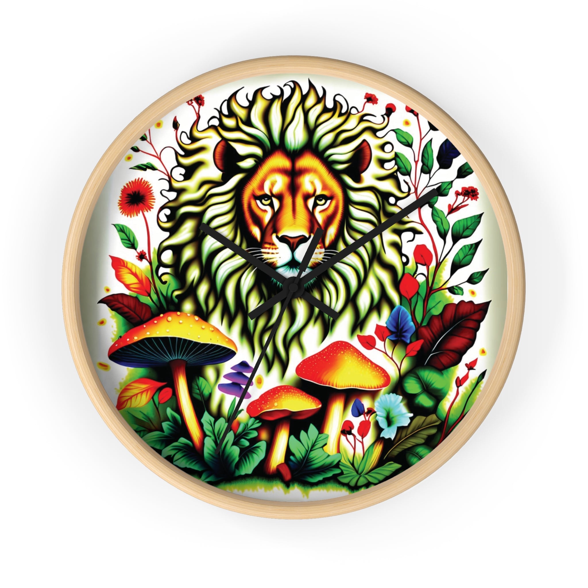 Lion & Mushrooms Wall Clock — Colorful Botanical Animal Art Timepiece