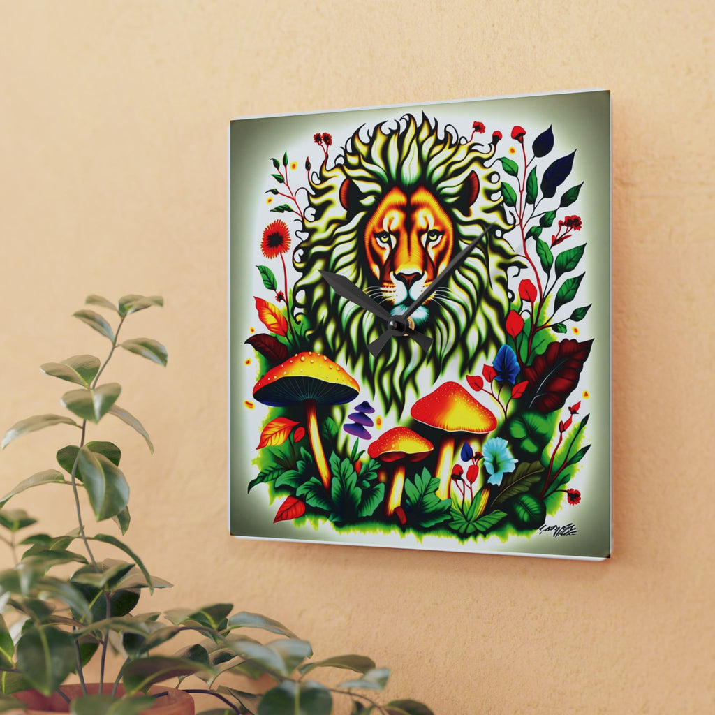 Lion & Mushrooms Acrylic Wall Clock — Colorful Botanical Animal Art