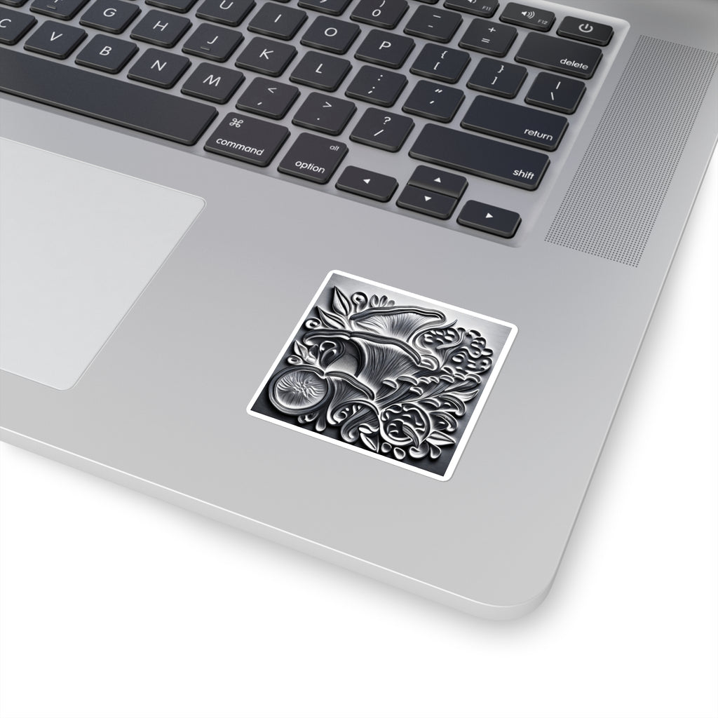 Metallic Botanical Square Sticker — Embossed Floral Mushroom Design