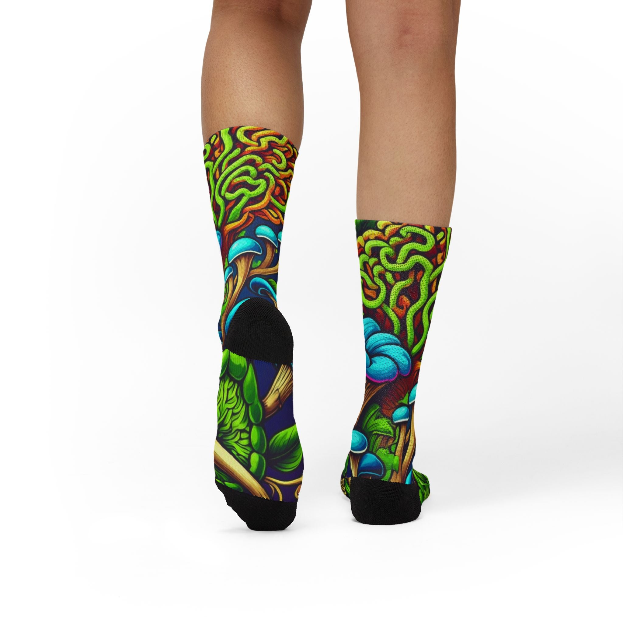 Socks: Psychedelic Mushroom Socks — Vibrant Green Fungi Sublimation Crew Socks