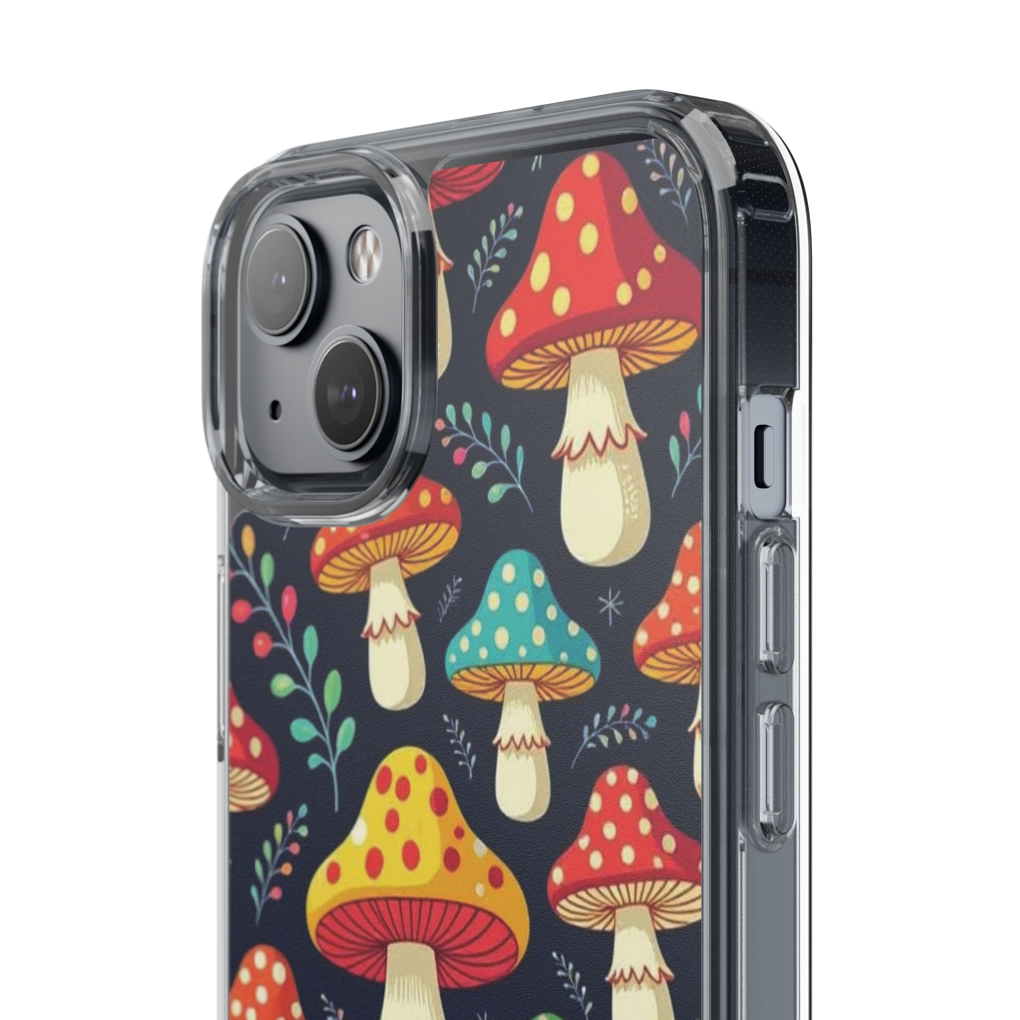 Phone Case: Mushroom Pattern Clear Phone Case — Colorful Toadstool Floral Design