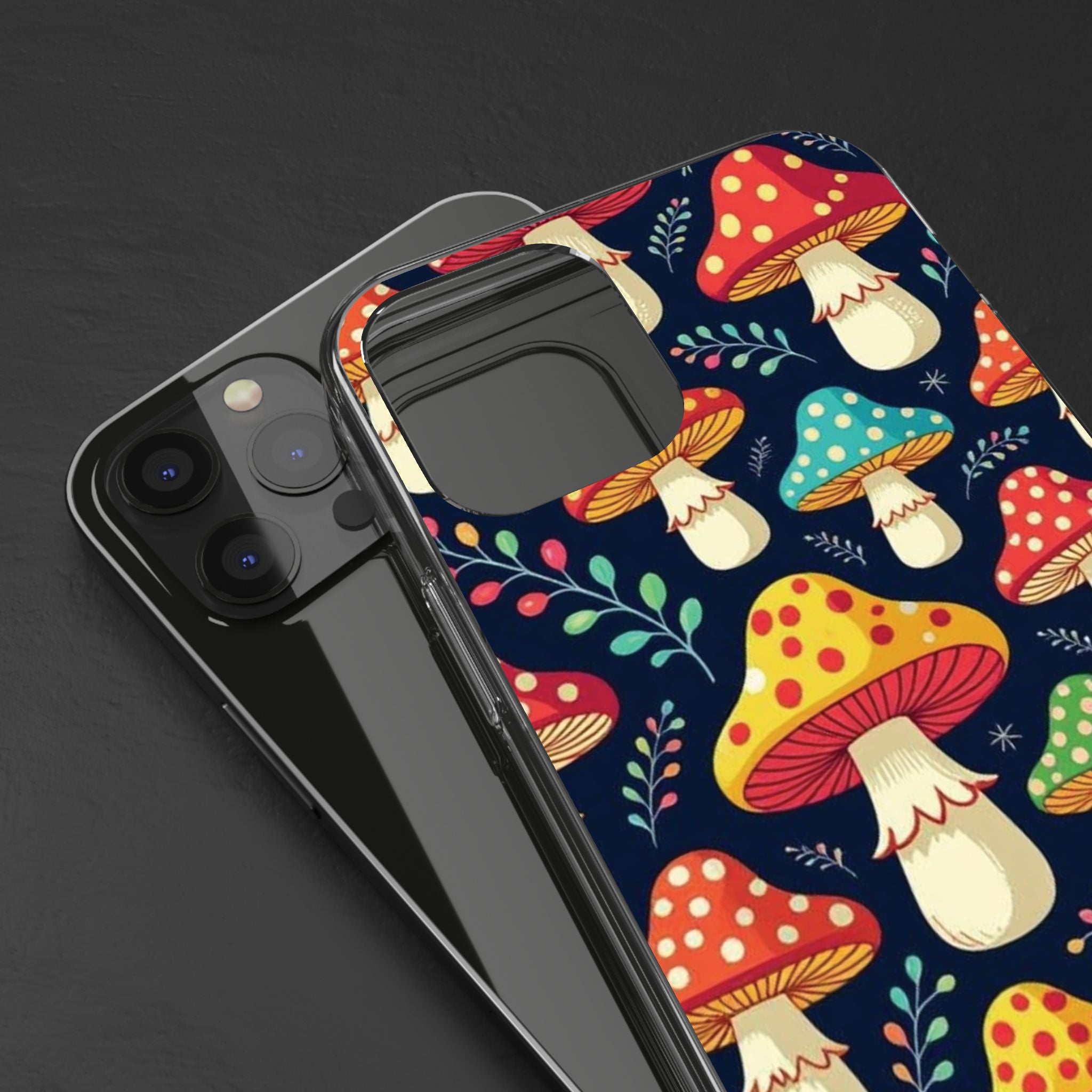 Phone Case: Mushroom Pattern Clear Phone Case — Colorful Toadstool Floral Design