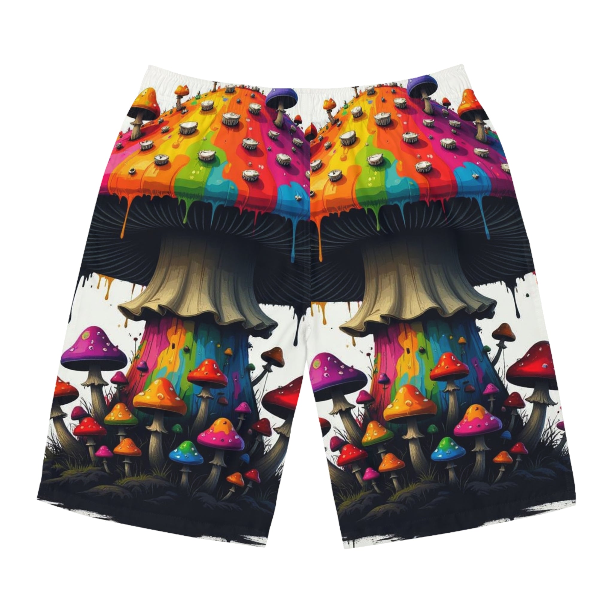 Psychedelic Rainbow Mushroom Board Shorts — Men's All-Over Print