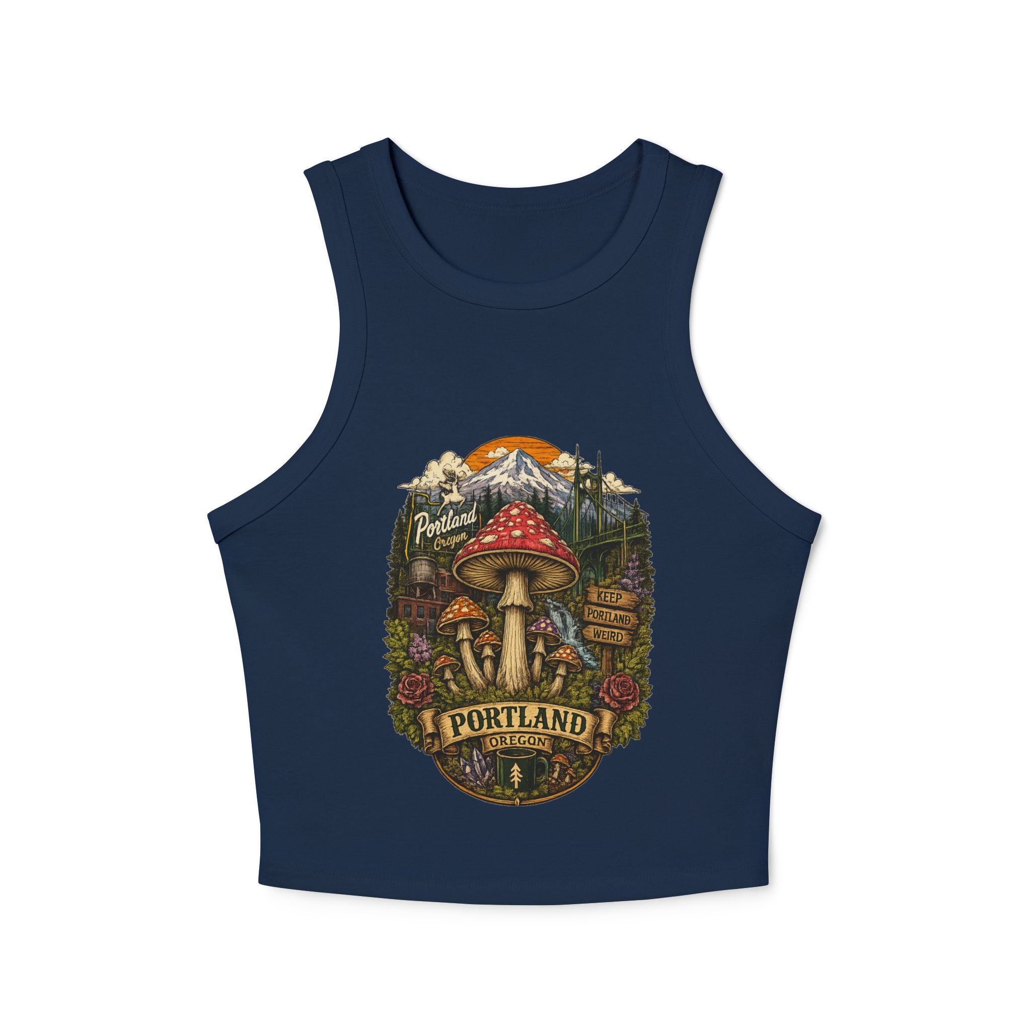 Portland Mushroom Graphic Tank — Women's Crop Racerback Tank Top