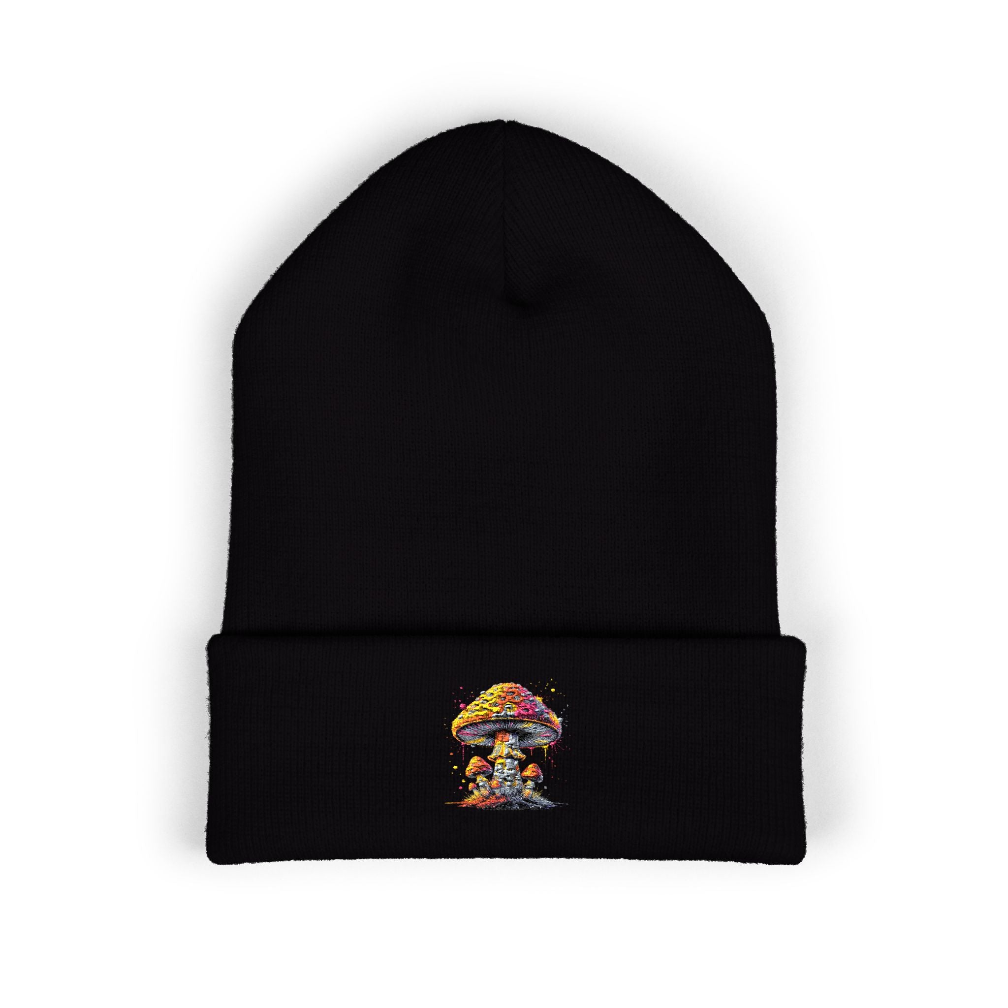 Beanie: Embroidered Colorful Mushroom Beanie — Cute Cuffed Knit Hat
