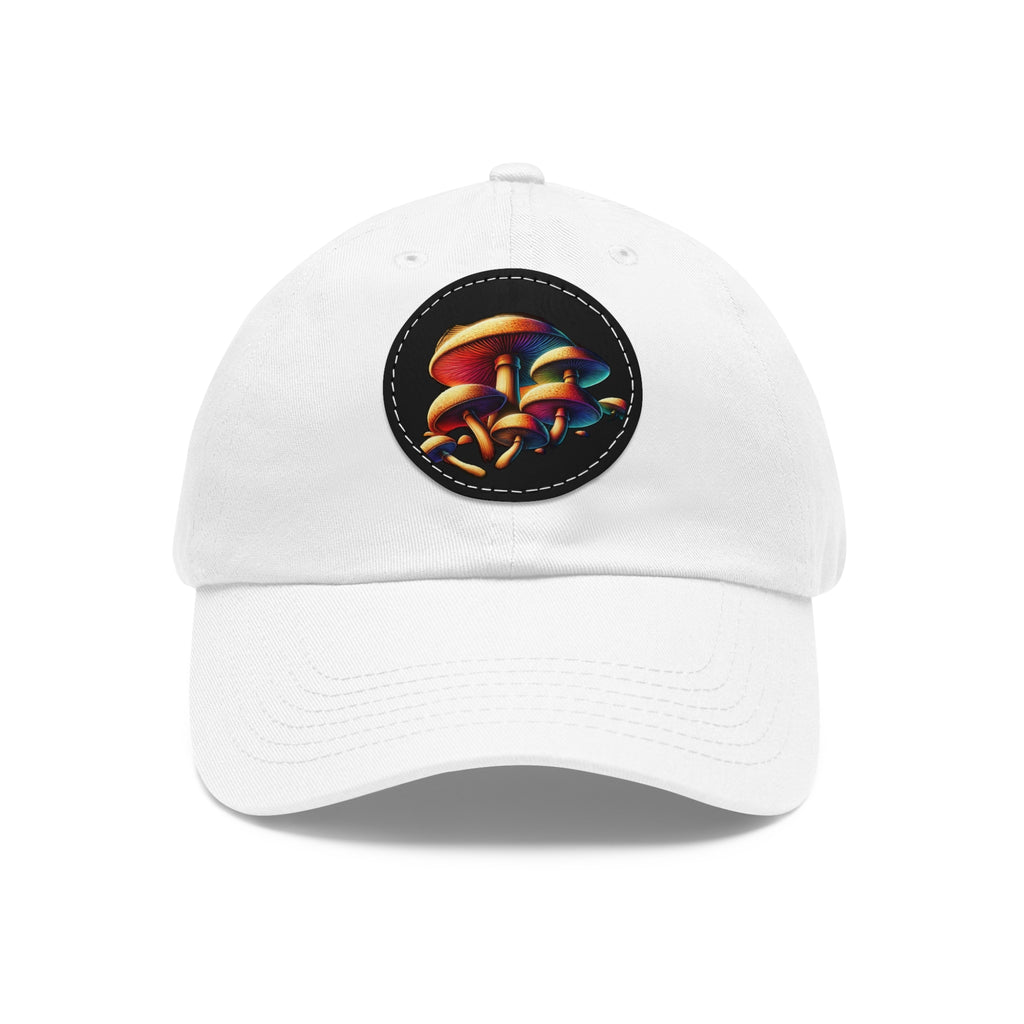 Mushroom Patch Dad Hat — Colorful Psychedelic Fungi Leather Patch Cap