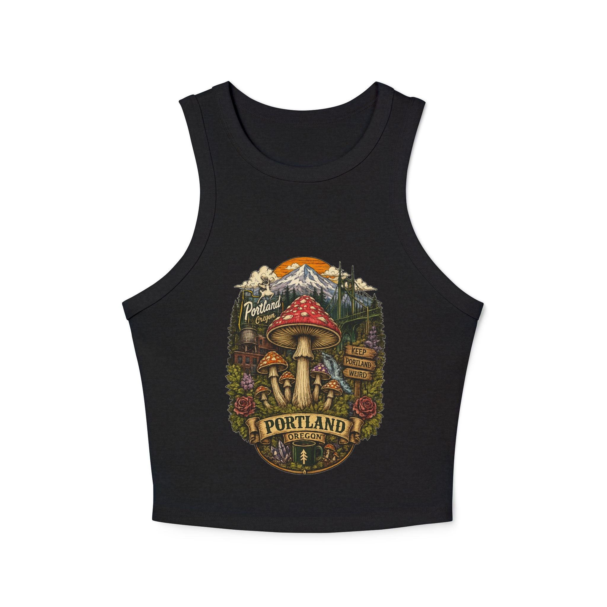 Portland Mushroom Graphic Tank — Women's Crop Racerback Tank Top