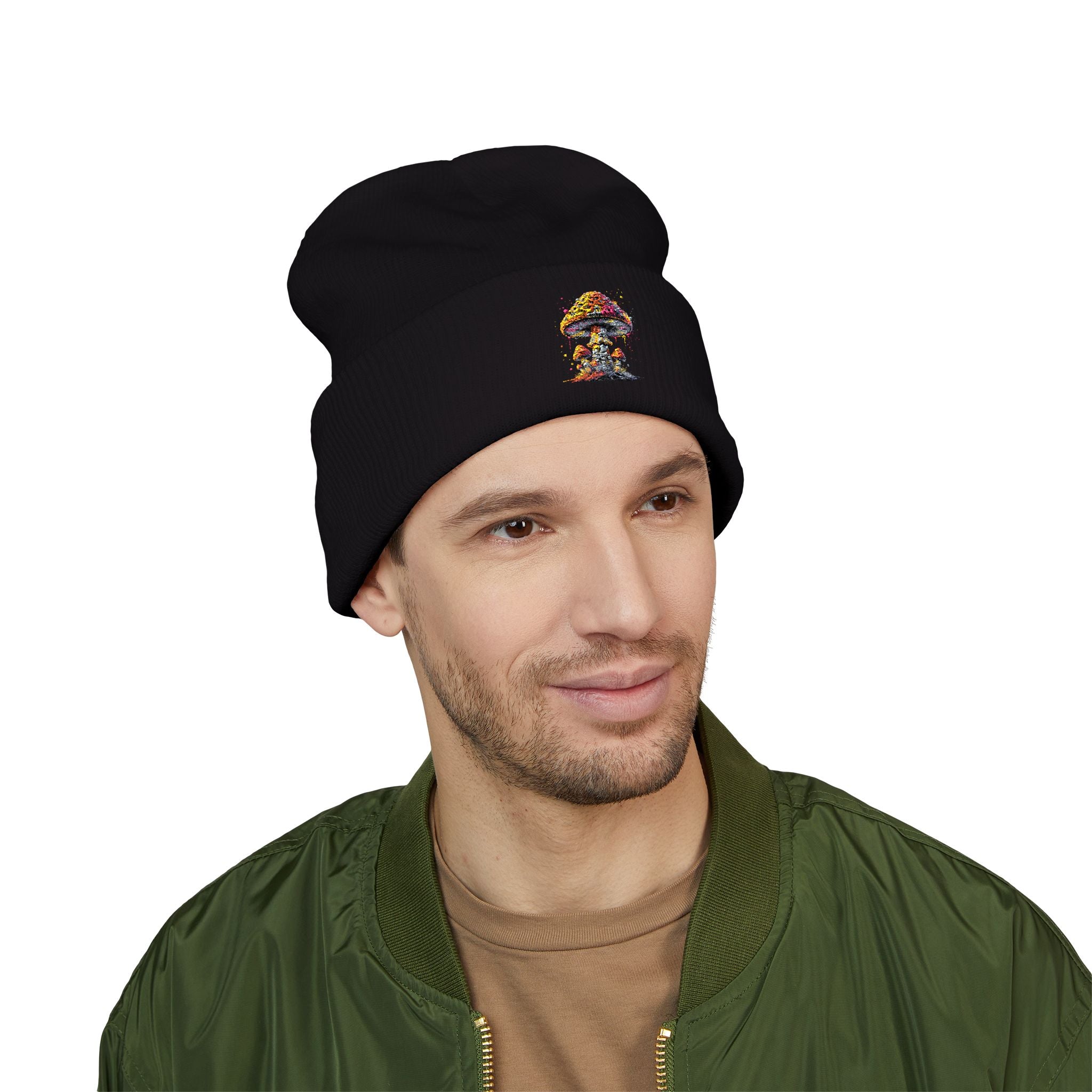 Beanie: Embroidered Colorful Mushroom Beanie — Cute Cuffed Knit Hat