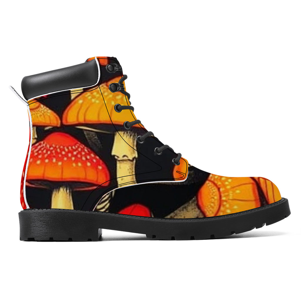 Colorful Mushroom Custom Print Synthetic Leather Boots - Vegan Waterproof All-Season Boots