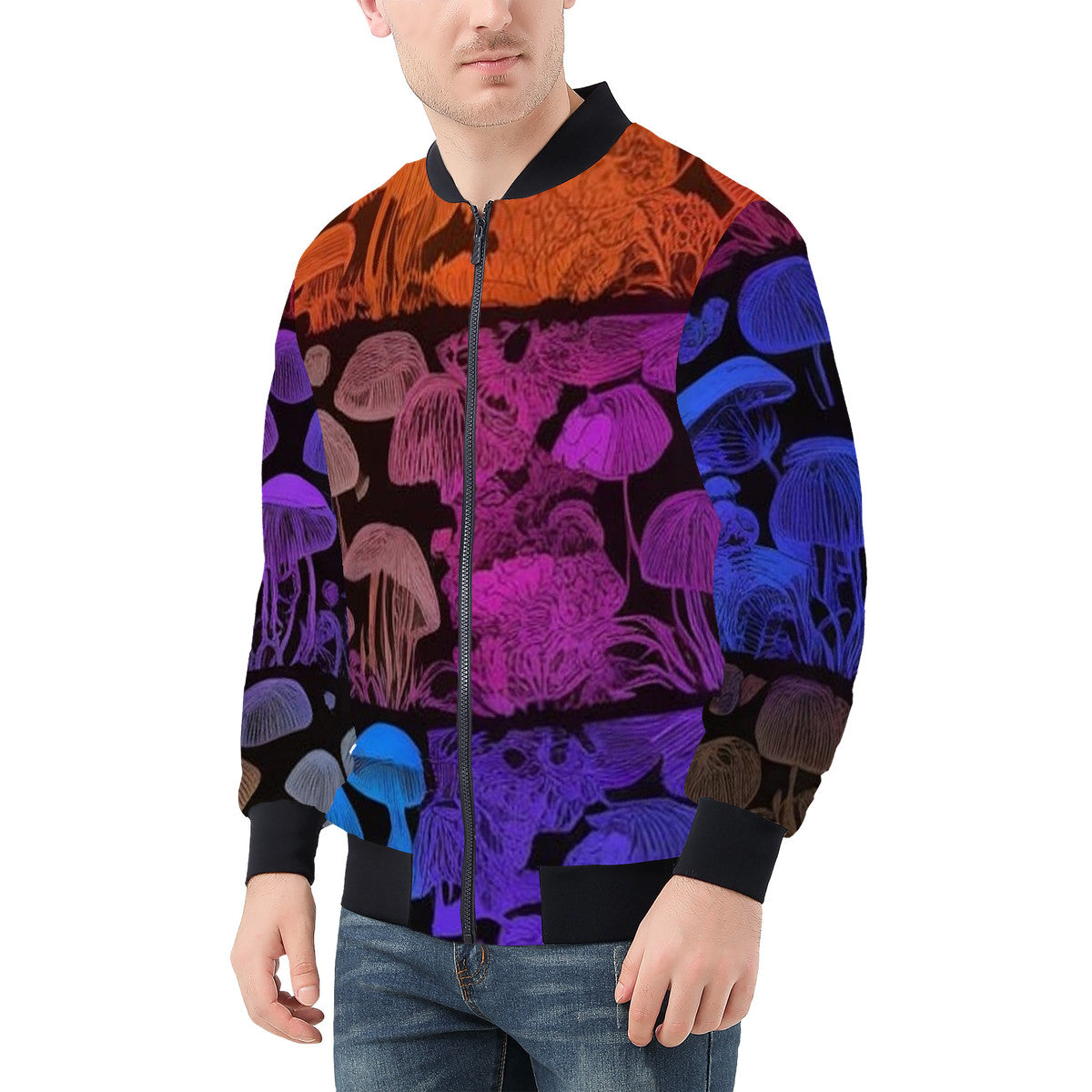 Men's Rainbow Custom Mushroom Print Bomber Jacket - Premium Polyester Print