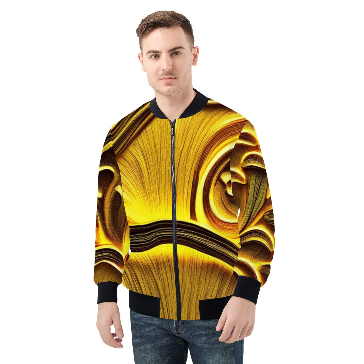 Men's Golden Custom Mushroom Print Bomber Jacket - Premium Polyester Print