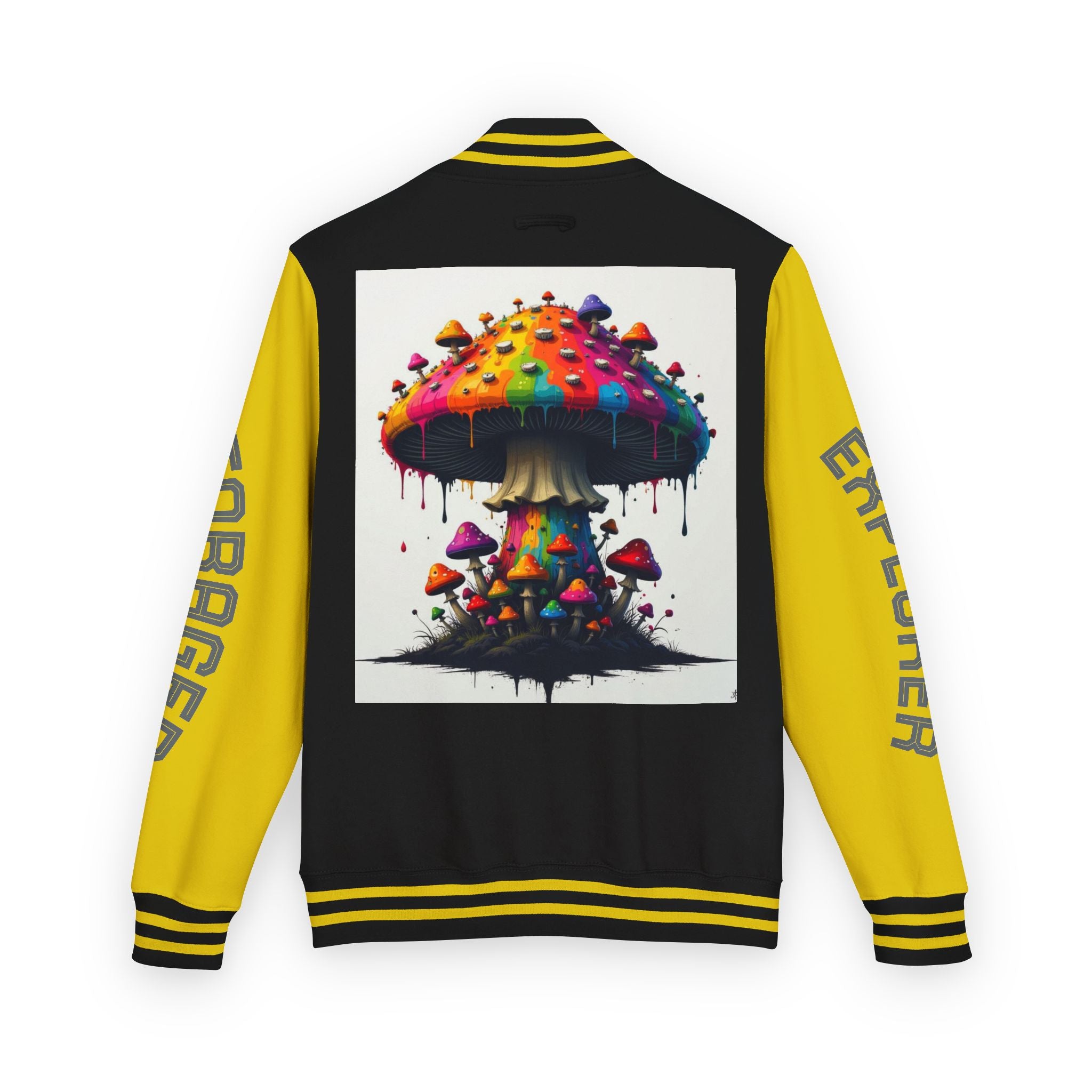 Mushroom Graphic Letterman Jacket — Colorful Psychedelic Spore Tree Design