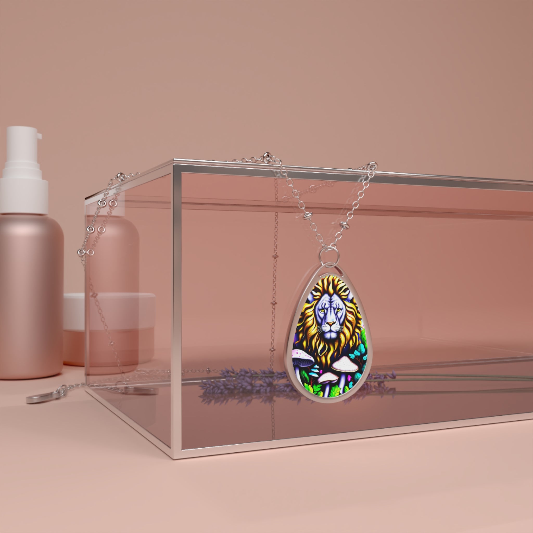 Lion Stained Glass Oval Necklace — Colorful Lion Pendant Jewelry