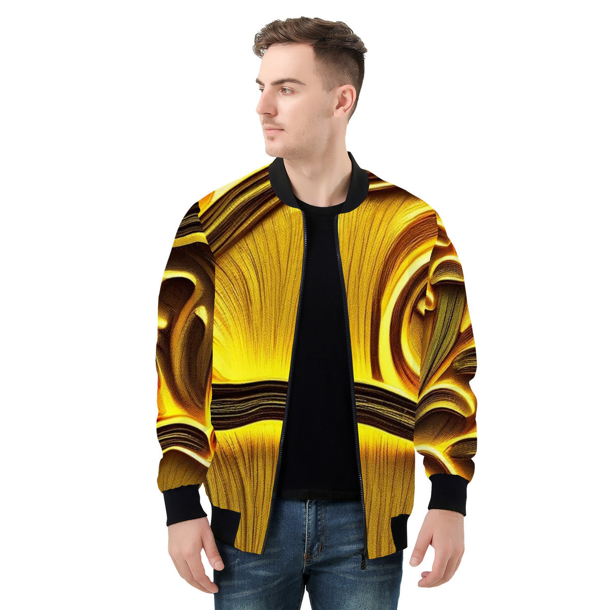 Men's Golden Custom Mushroom Print Bomber Jacket - Premium Polyester Print