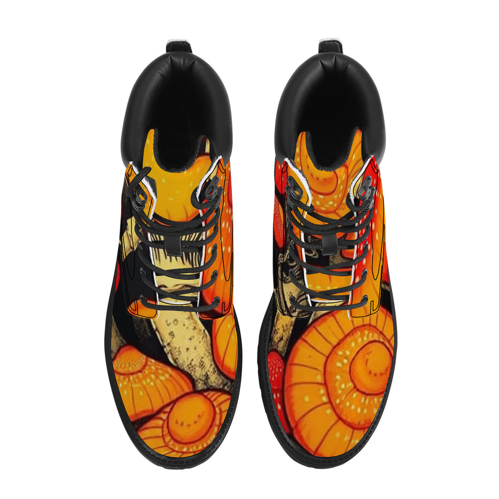 Colorful Mushroom Custom Print Synthetic Leather Boots - Vegan Waterproof All-Season Boots