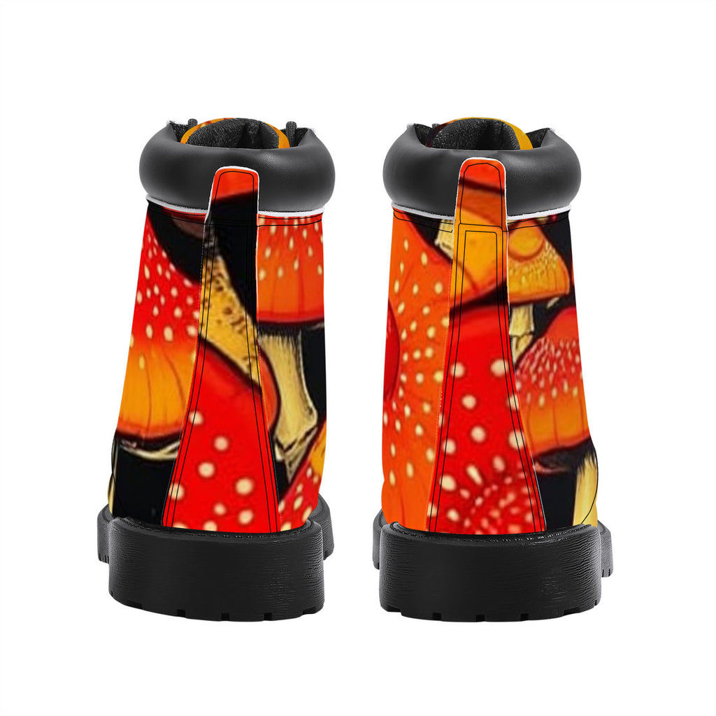 Colorful Mushroom Custom Print Synthetic Leather Boots - Vegan Waterproof All-Season Boots