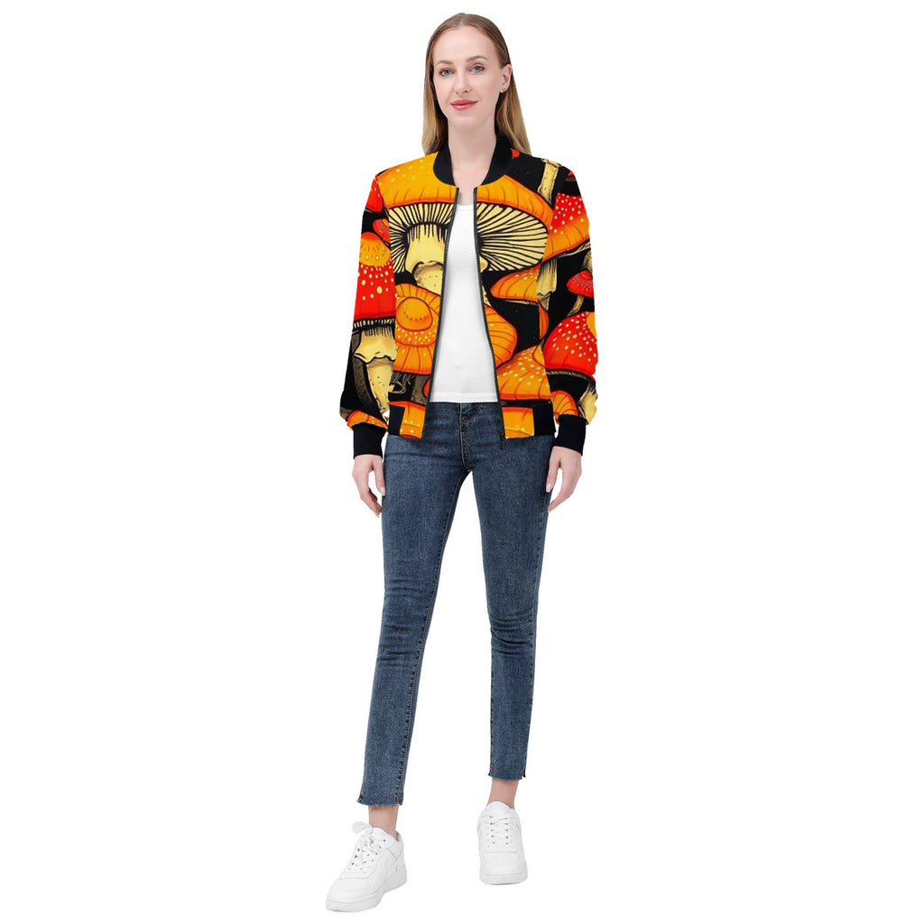 Women's Orange Cap Custom Print Mushroom Bomber Jacket - Premium Polyester Print