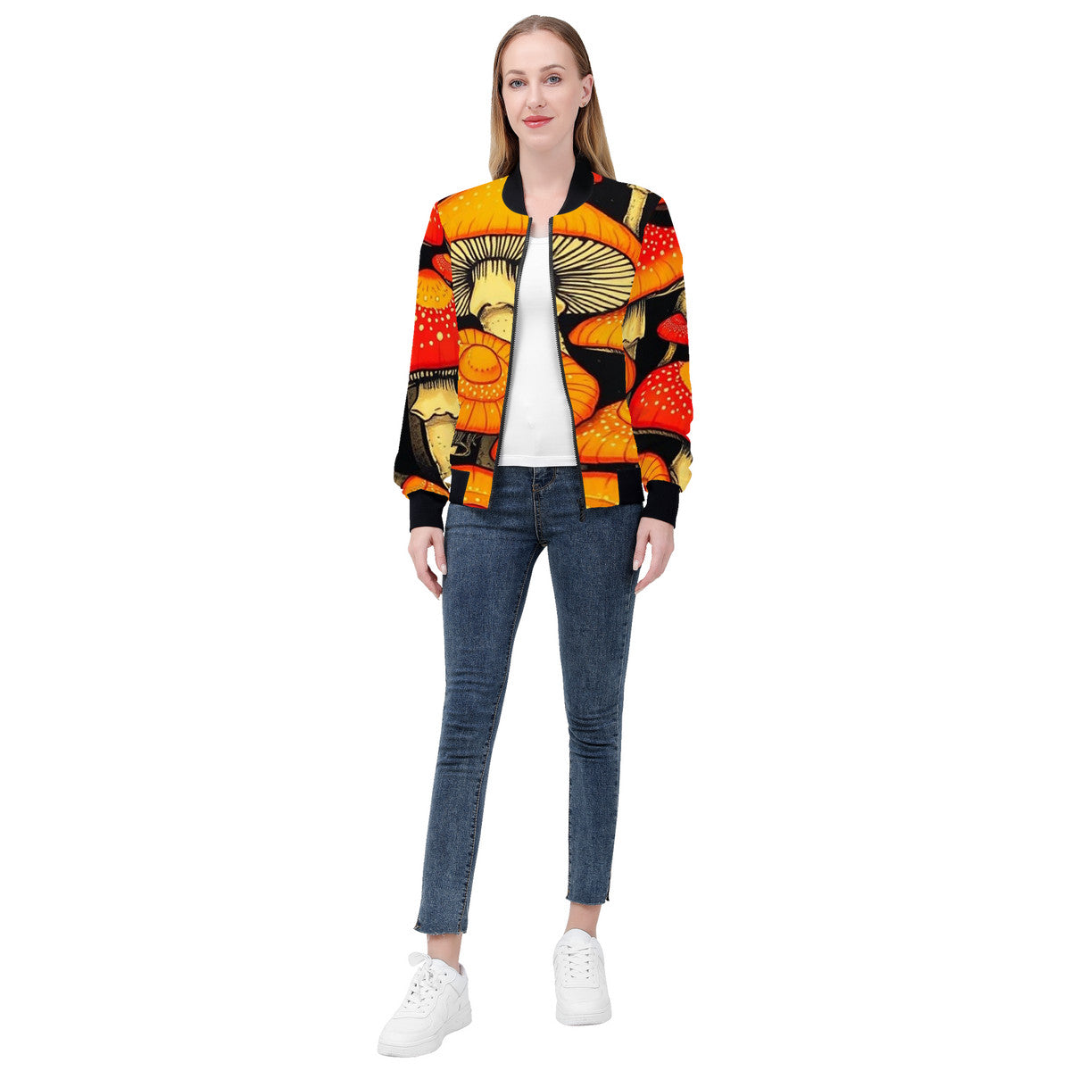 Women's Orange Cap Custom Print Mushroom Bomber Jacket - Premium Polyester Print