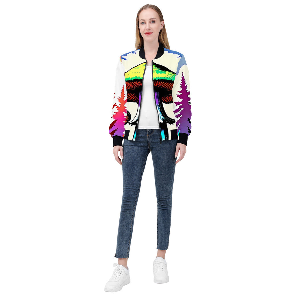 Women's Colorful Custom Mushroom Print Bomber Jacket - Premium Polyester Print