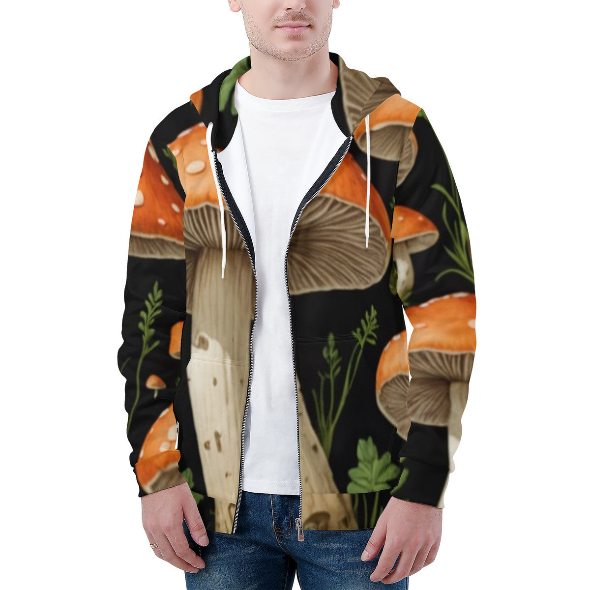 Men's All Over Print Zip Custom Mushroom Print Hoodie