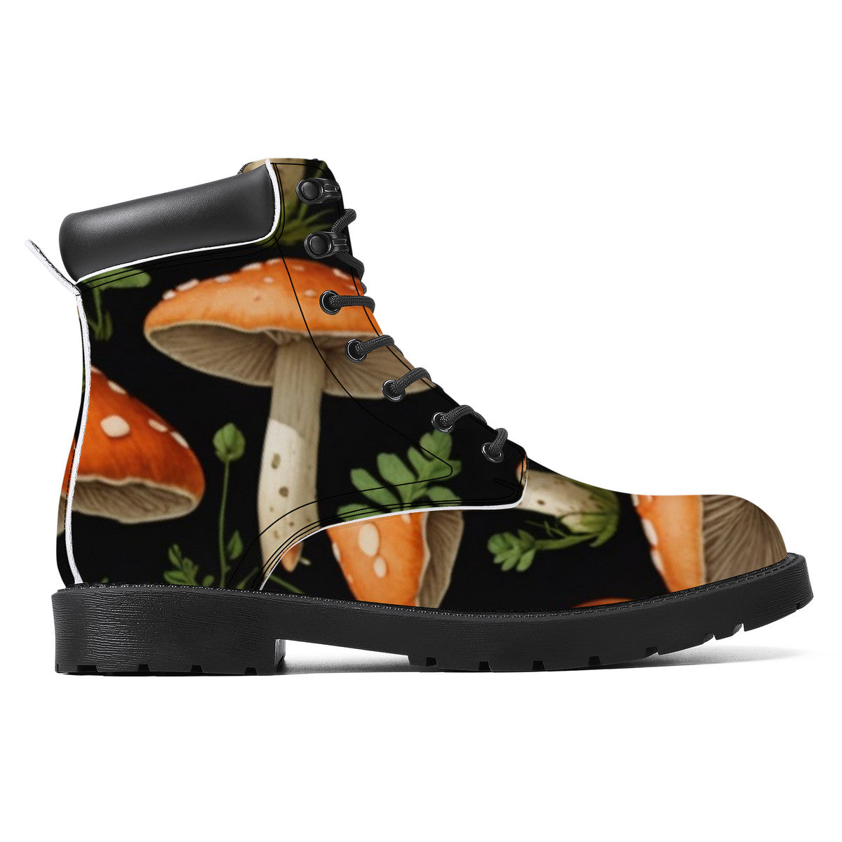 In the Forest Custom Design Mushroom Print Synthetic Leather Boots - Vegan Waterproof All-Season Boots