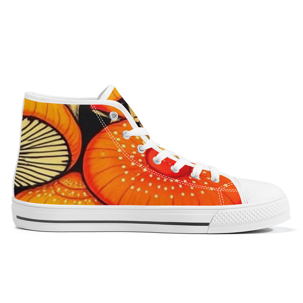 High-Top Orange & Black Custom Mushroom Print Canvas Shoes with Customized Tongue - White