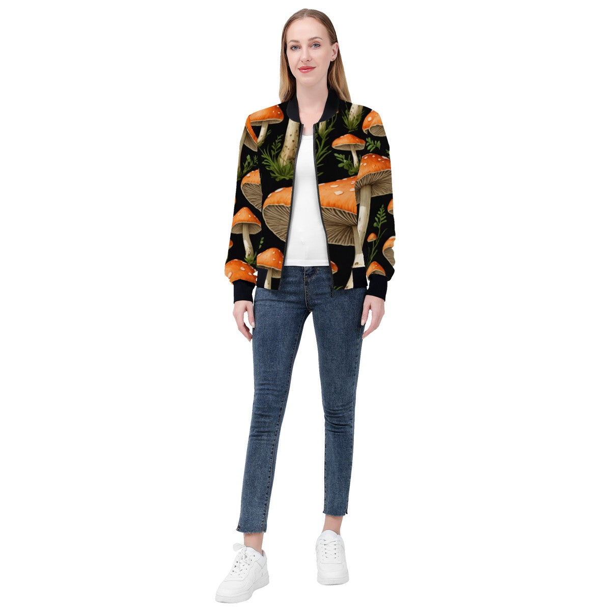 Women's Mushroom of the Garden Custom Print Bomber Jacket - Premium Polyester Print