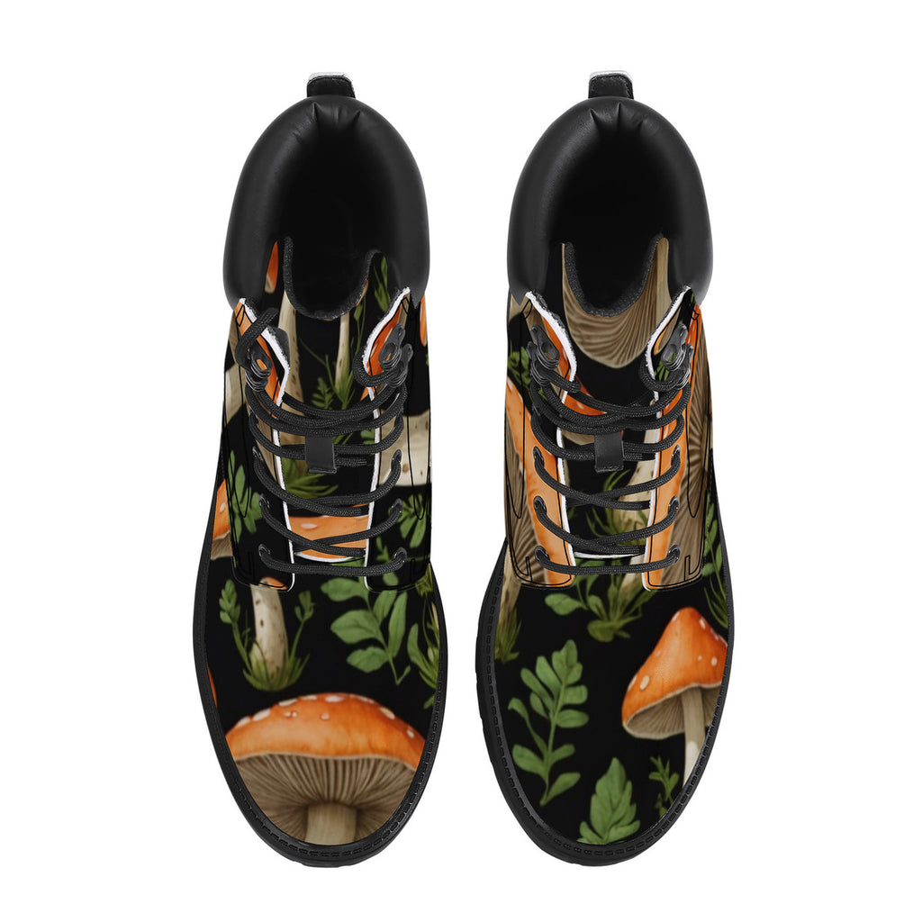 In the Forest Custom Design Mushroom Print Synthetic Leather Boots - Vegan Waterproof All-Season Boots