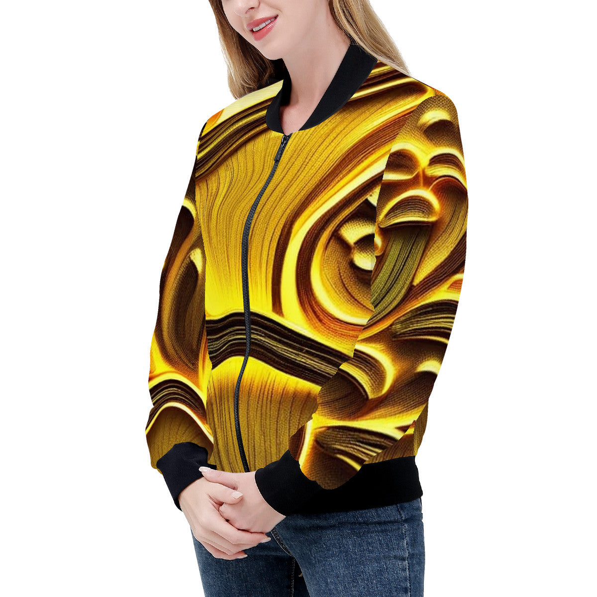 Women's Golden Custom Mushroom Print Bomber Jacket - Premium Polyester Print