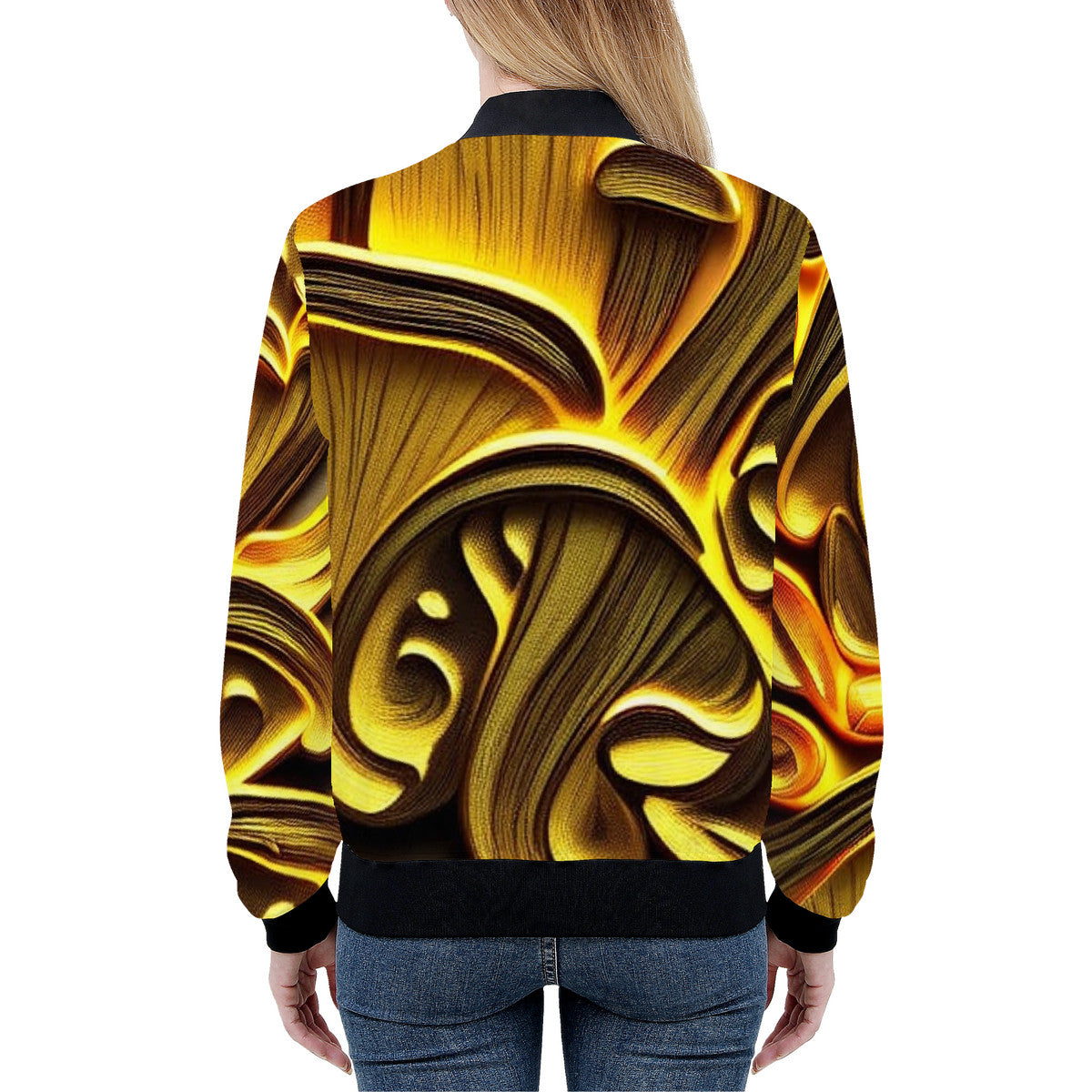 Women's Golden Custom Mushroom Print Bomber Jacket - Premium Polyester Print